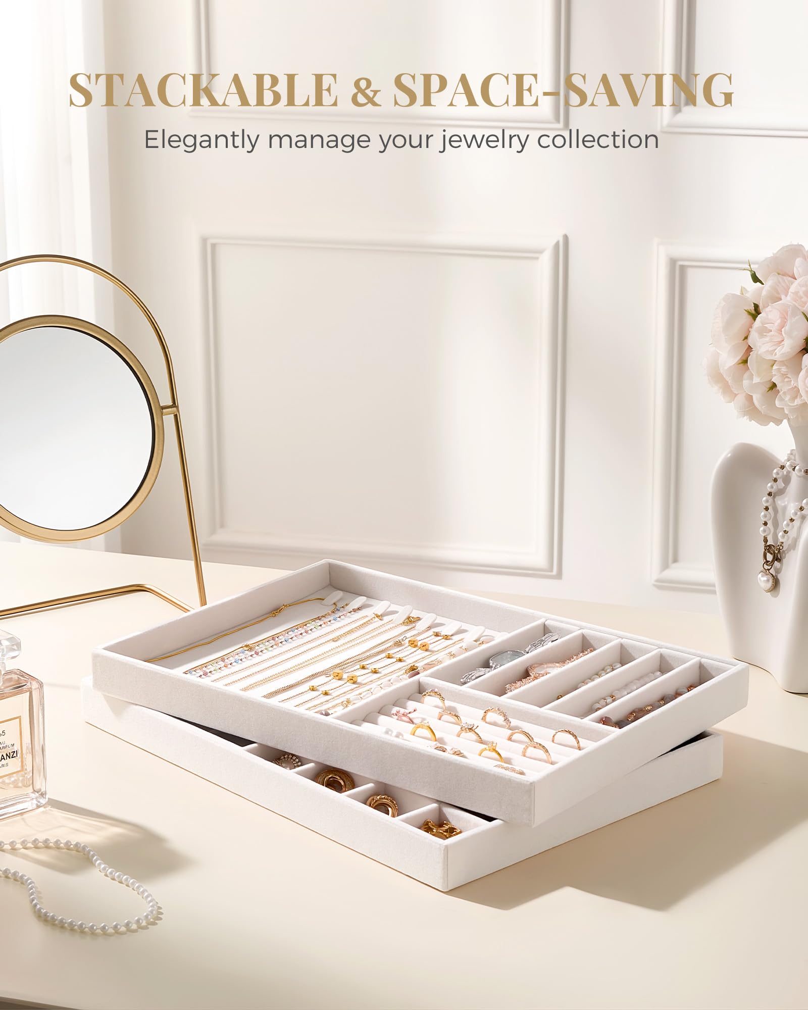 Lolalet Insertos para Cajón de Joyas, Bandejas Apilables de Terciopelo, Juego de Organizadores y Expositores para Collares, Pulseras, Aretes, Anillos, Cadenas, Brazaletes, Relojes - Beige, Juego de 2 — view 3