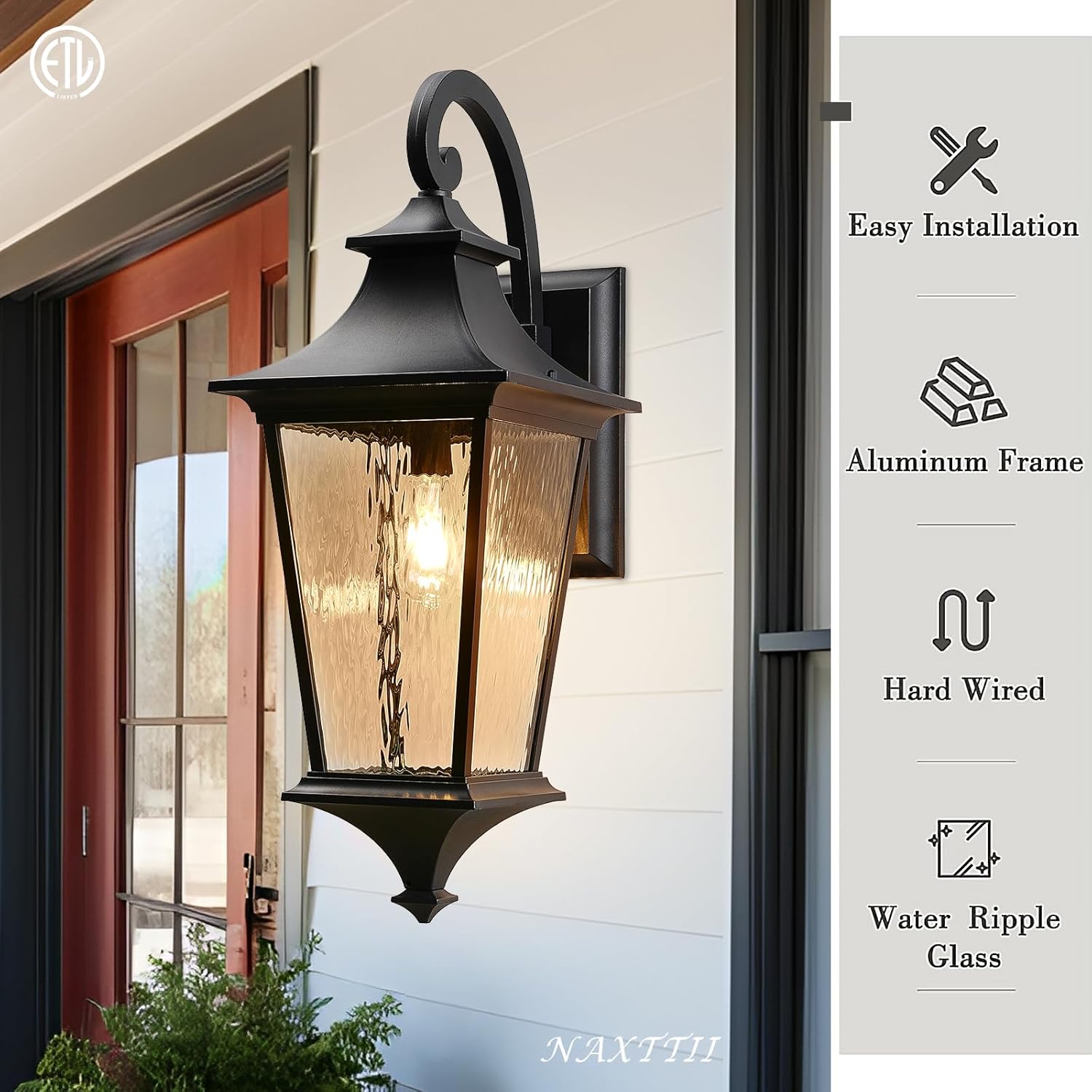 Black Outdoor Wall Light 29.3 Inch Large Aluminum Exterior Lighting Fixtures with Water Ripple Glass Waterproof Porch Lights Outdoor for Patio Doorway E26 Socket