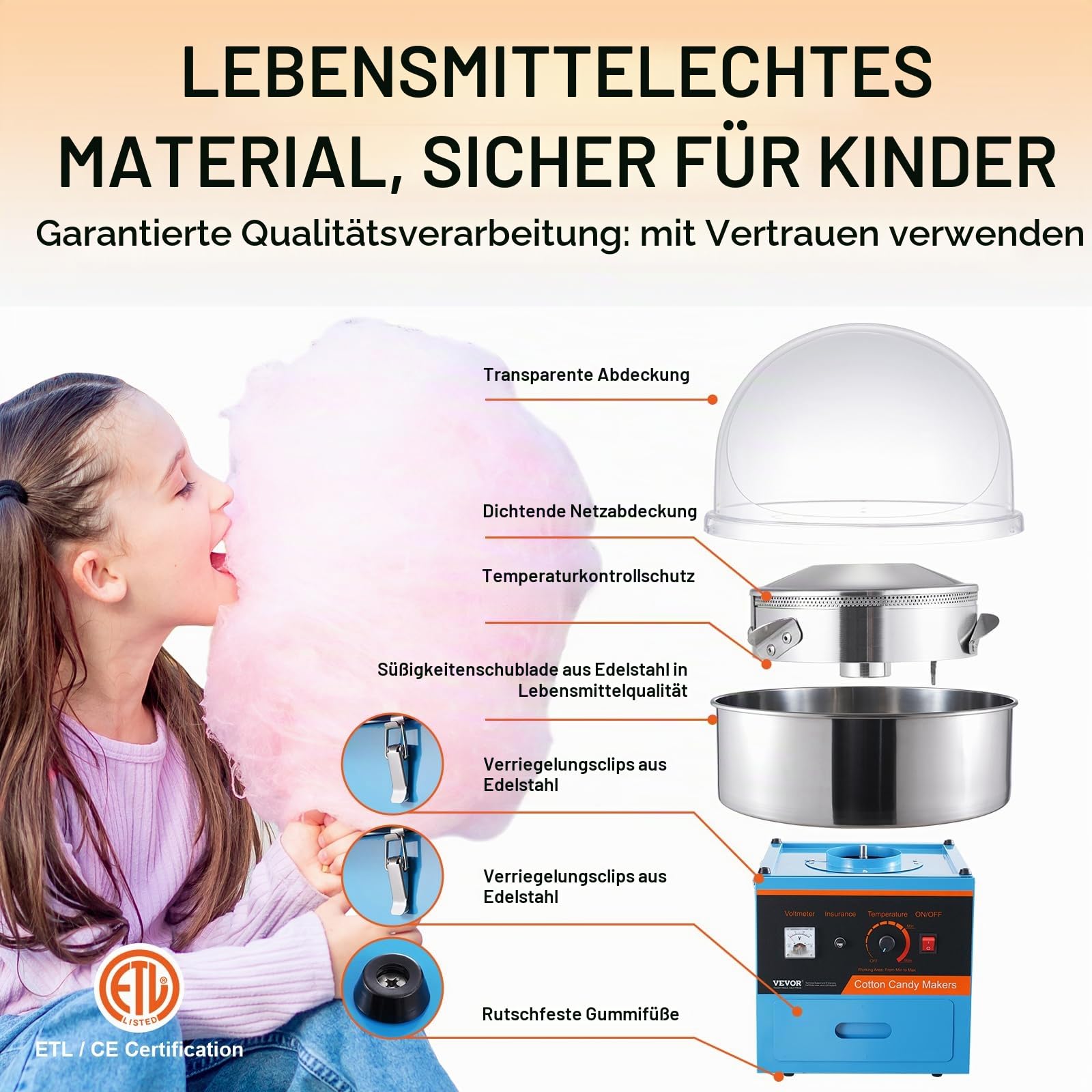 VEVOR Elektrische Zuckerwattemaschine, 1 kW Zuckerwattegeräte, Kommerzielle Zuckerwattemaschine mit Abdeckung, Edelstahlschüssel, Zuckerschaufel, Schublade, für Kindergeburtstage, Familienfeiern, Blau