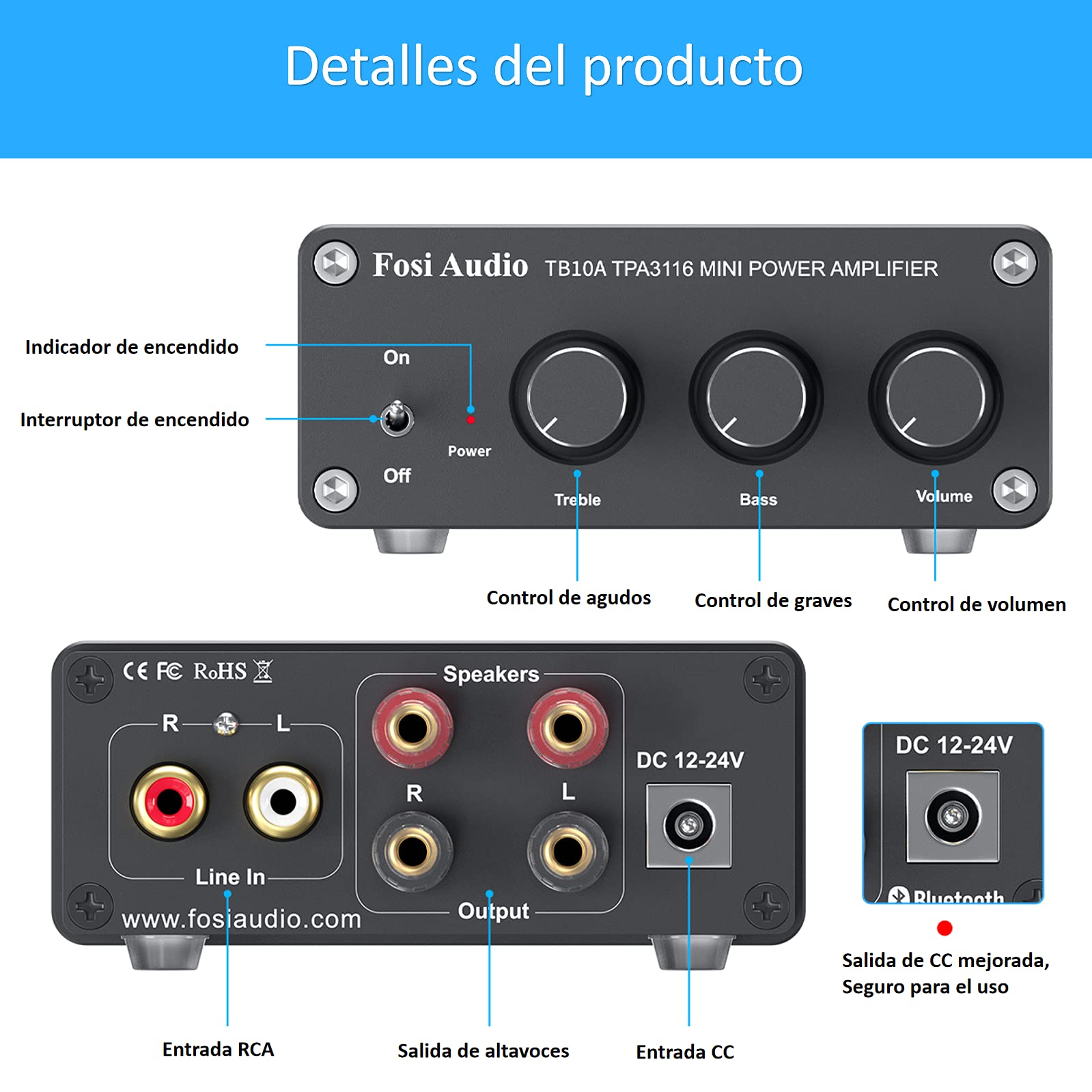 Fosi Audio TB10A Amplificador de Audio Estéreo de 2 Canales, Mini Hi-Fi Clase D Amperio Integrado 2.0CH para los Altavoces del Hogar 100W x 2, con Control de Bajos y Agudos TPA3116