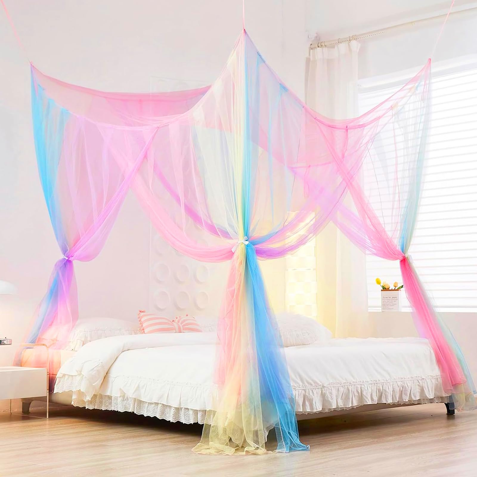 Zanzariera Letto, Zanzariera Letto Matrimoniale Quadrata, Baldacchino per Letto Arcobaleno, Zanzariere Sospese è Adatto a Letti Singoli e può Essere Utilizzato all'esterno o all'interno da Letto