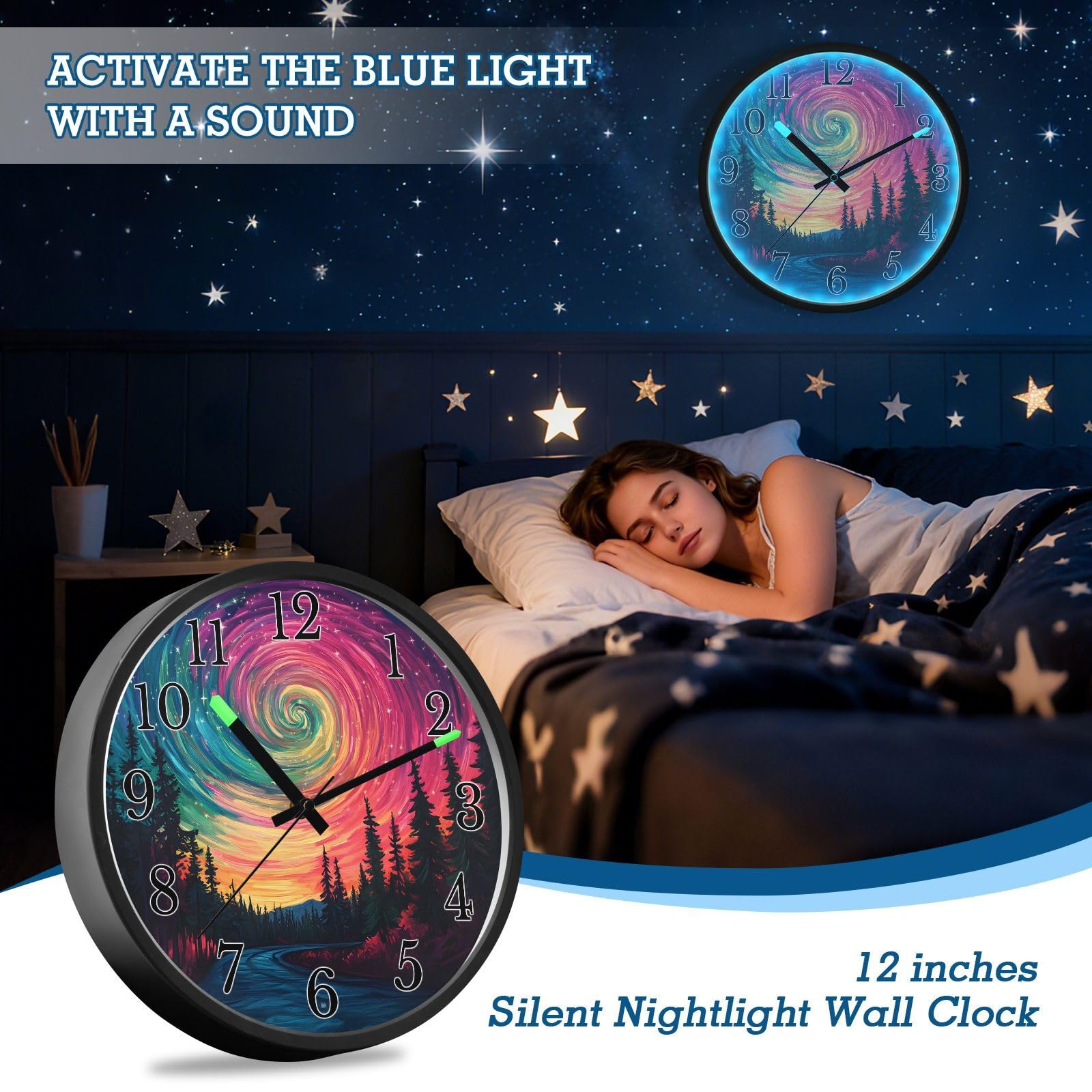 Mnsruu Star Swirl Road Forest Night - Reloj de pared luminoso para dormitorio, funciona con pilas, silencioso, brilla en la oscuridad, para sala de estar, cocina, 12 pulgadas