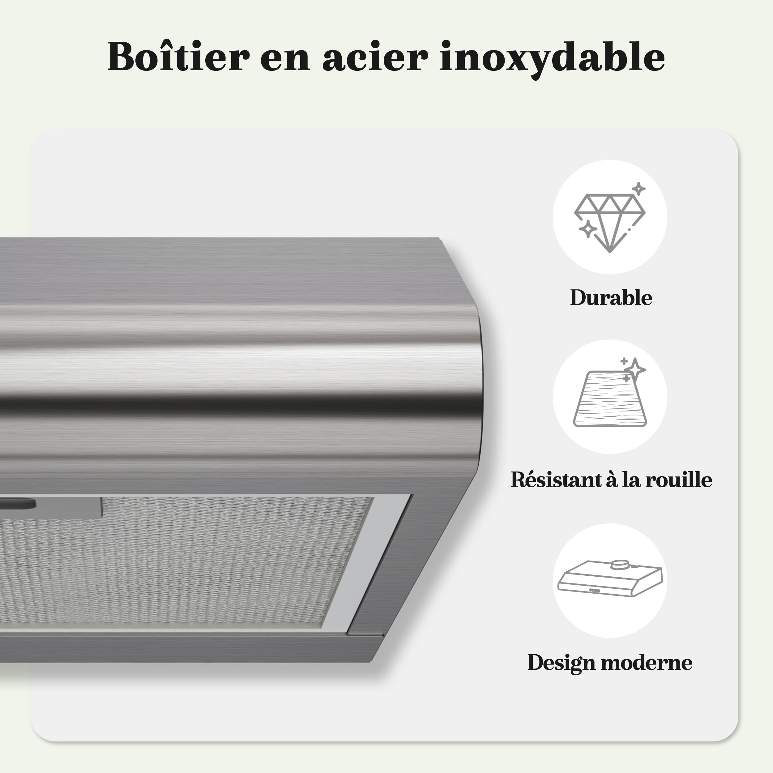 FIREGAS Hotte Aspirante 60cm Classe A++, Moteur Brushless Ultra Silencieuse 46dB, Débit 319m³/h, Hotte Cuisine Inox avec Filtre à Charbon, Évacuation Top/Arrière ou Recyclage, Argenté