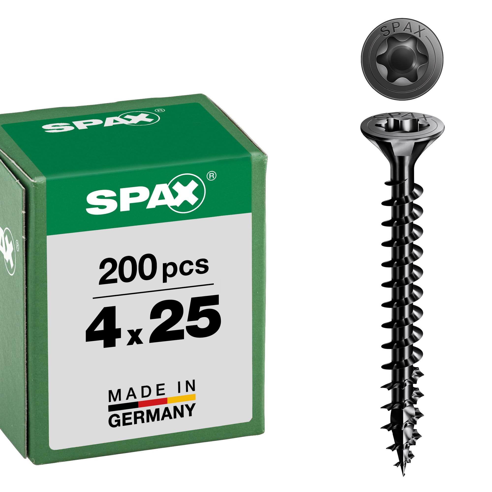 Spax Universal Screw, Countersunk Head, Black, T-Star Plus, Full Thread (4 x 25 mm, Pack of 200)