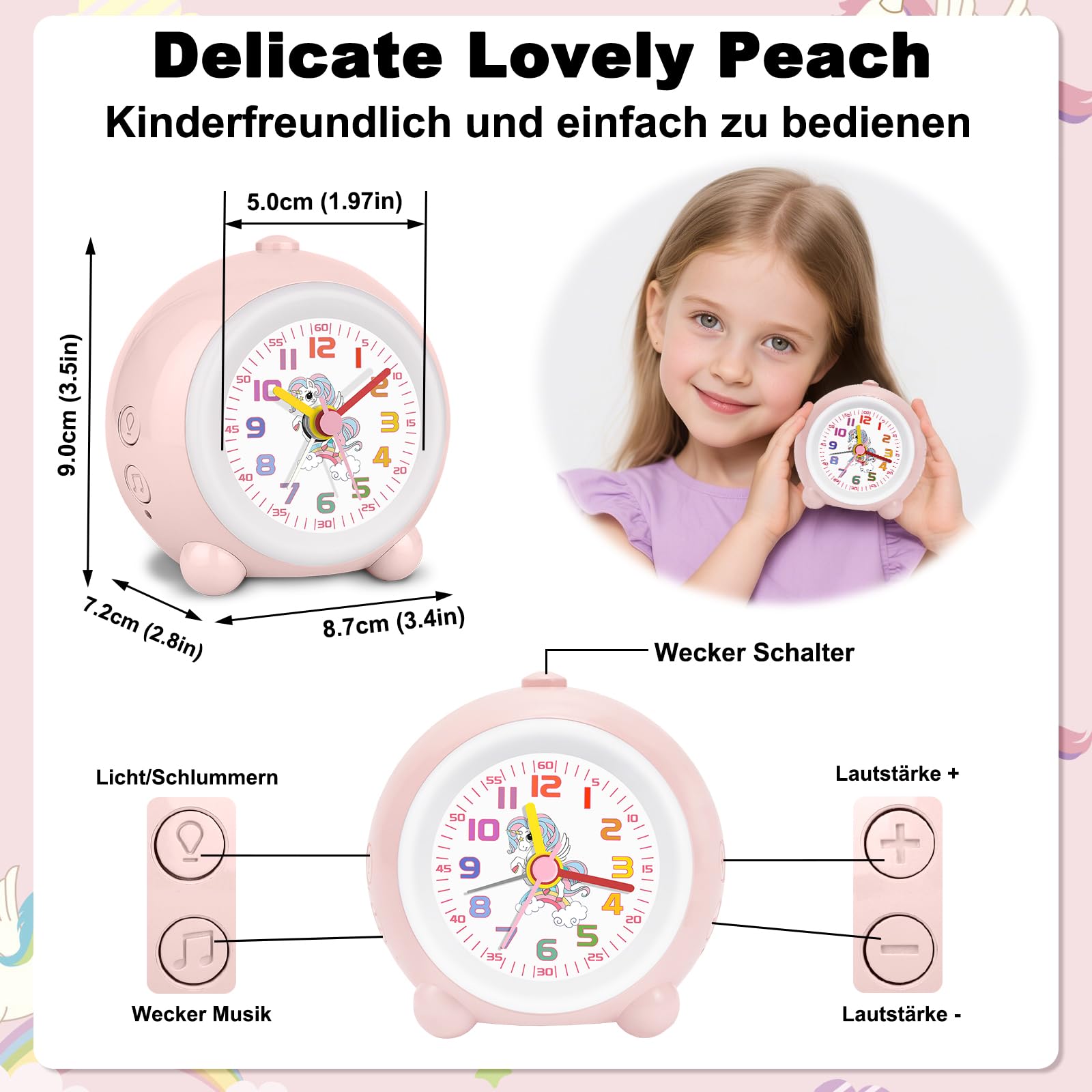 SOCICO Analoger Kinder Wecker Mädchen, Einhorn Design, Lautlos, Ohne Ticken Niedlicher Pfirsich Wecker Analog, mit Buntem Licht, Einstellbare Lautstärke (Blassrosa)