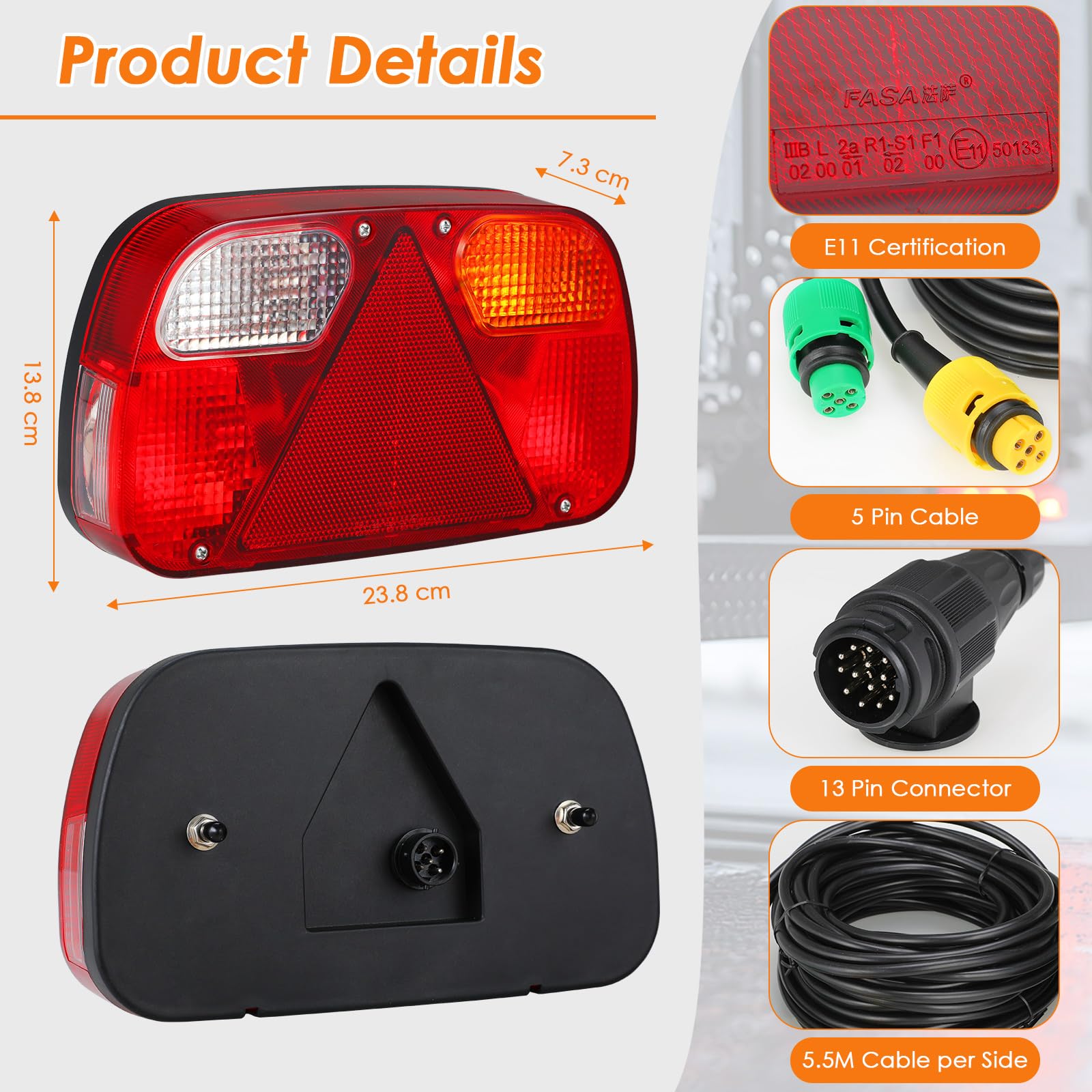 TLGREEN Anhänger Rückleuchten Set Rücklicht Anhänger Beleuchtung 13 polig 12V Anhängerbeleuchtung Rücklichter mit 7 Funktionen 2 * 5.5m Kabelsatz E-Geprüfte für PKW LKW Boot Wohnwagen Transporter