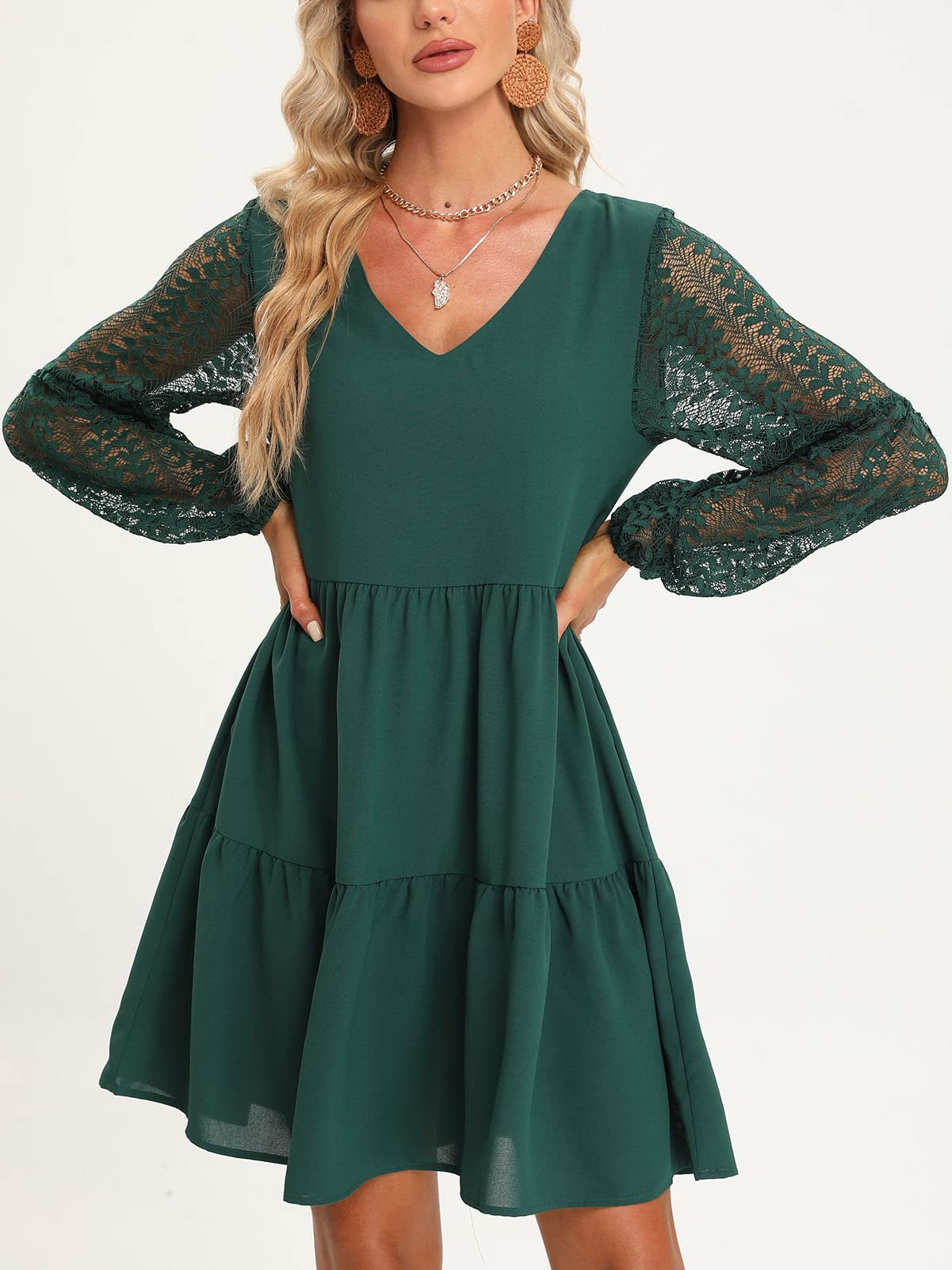 LATH.PIN Vestiti Donna Estivi Eleganti Maniche Lunghe Pizzo Vestito Donna con Tasca Scollo a V Sexy Vestito da Cerimonia Casual Abito da Spiaggia