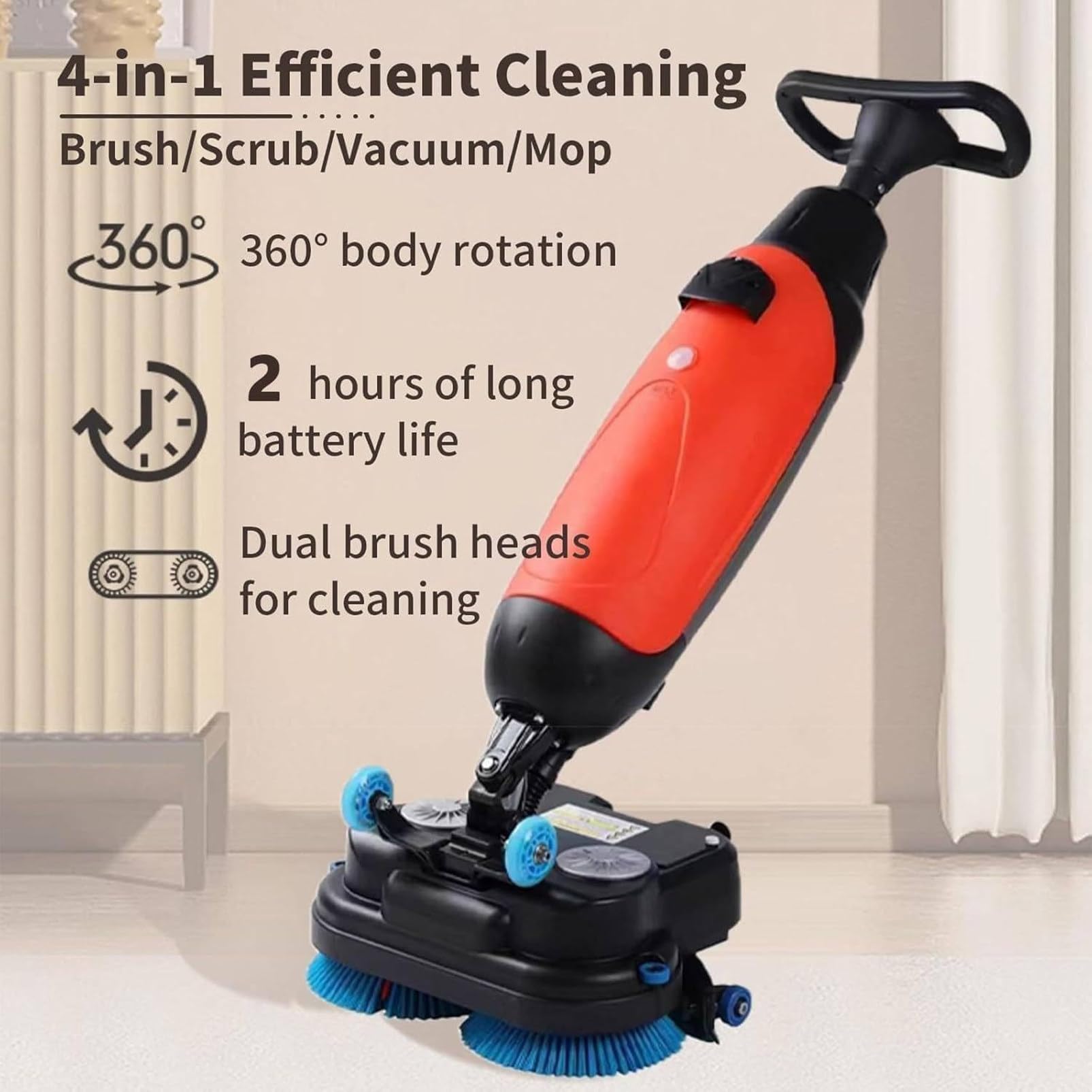 Commercial Floor Scrubber Machine, Heavy Duty Floor Cleaner Polisher with 2 Brushes & Tanks, Professional Floor Cleaning Machine, 350 RPM, 90-120 Min Battery, Coverage Area 1000 m²/h