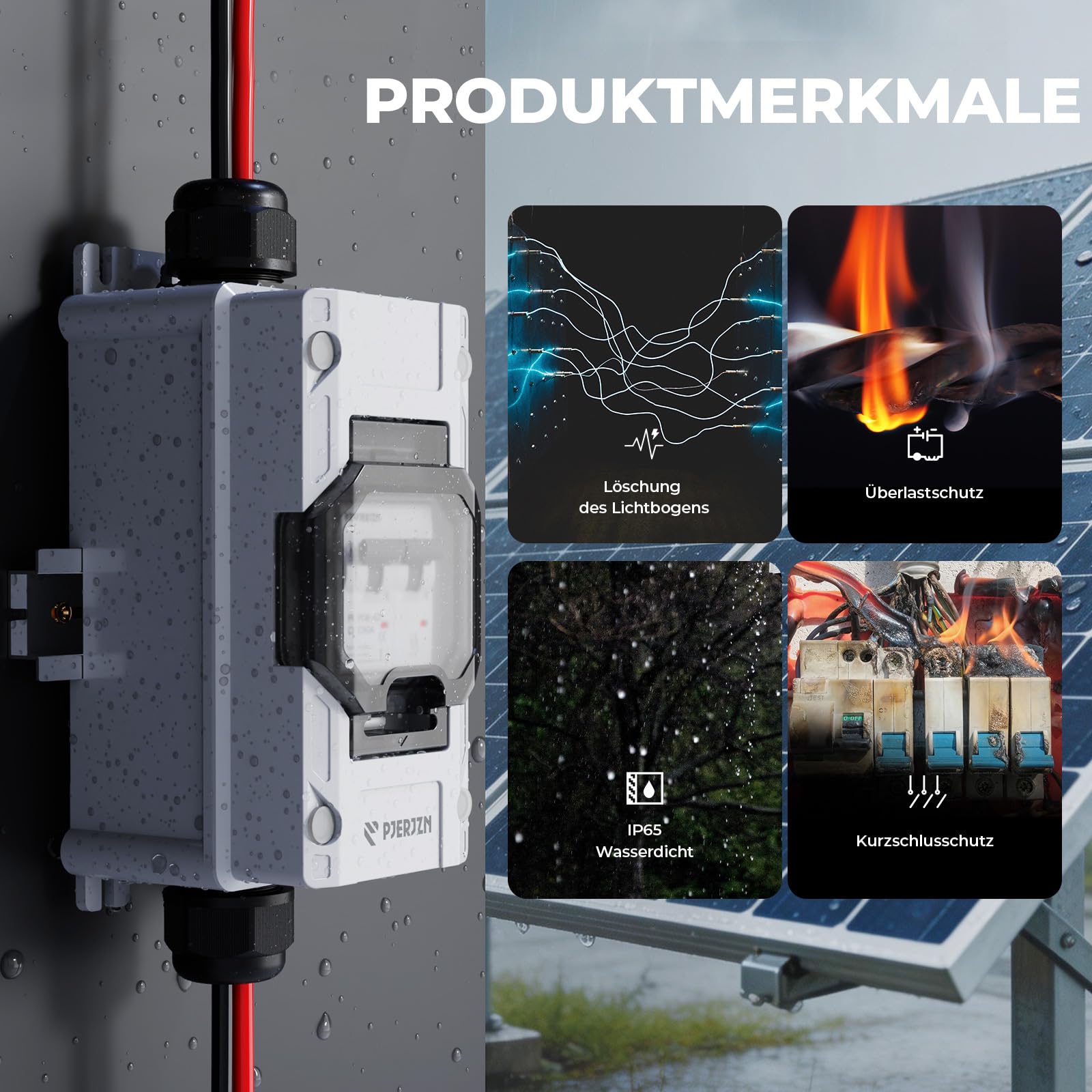 DC Trennschalter PV Anlage 1000V 40A 2P Sicherungsautomat mit Solarkabel | 2P Leitungsschutzschalter, thermomagnetisch, Kurzschluss, IP65, DIN Schiene, Kupferkontakte, Solaranlage, steckfertig