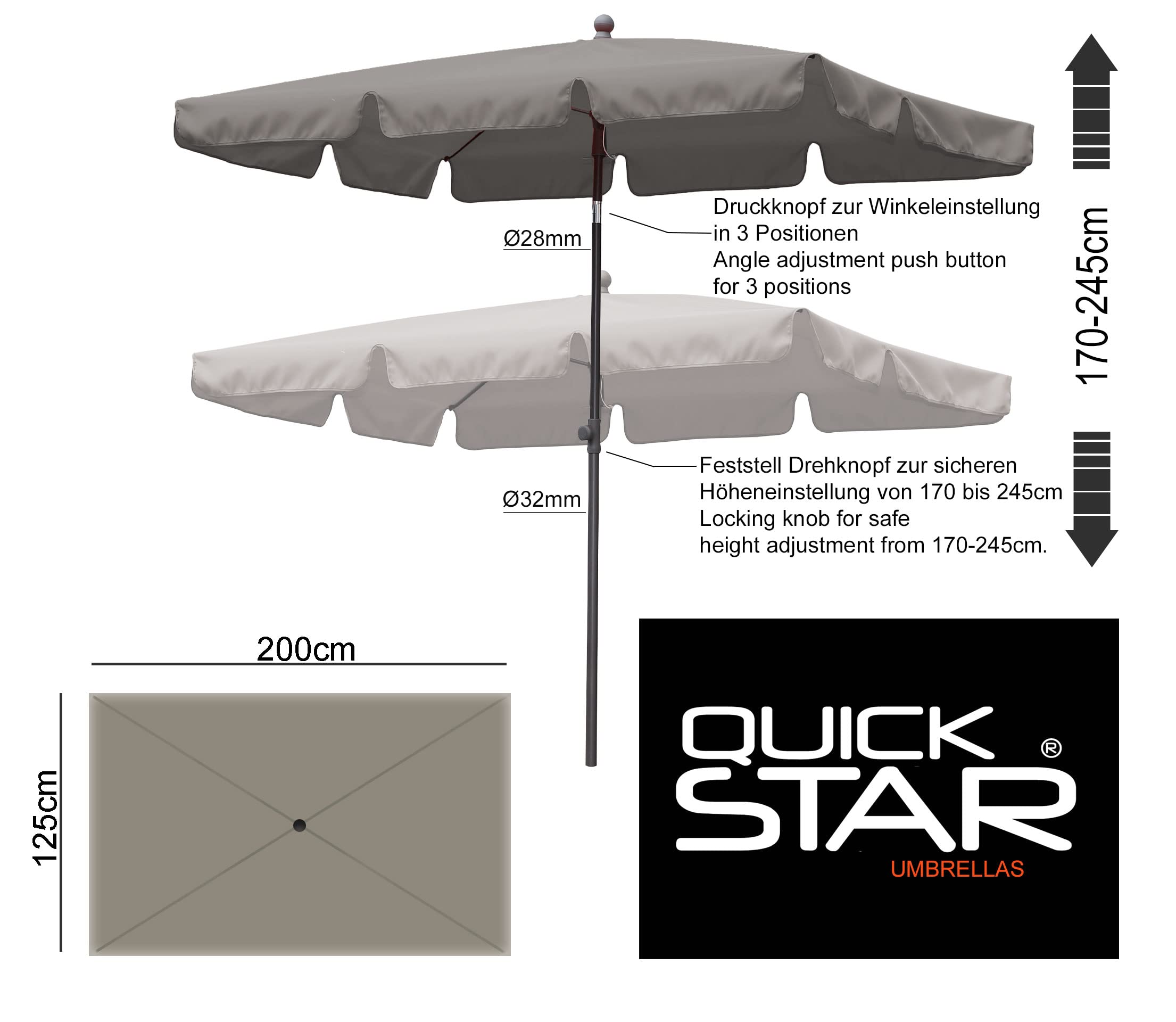 QUICK STAR Parasol de Balcon 200x125cm