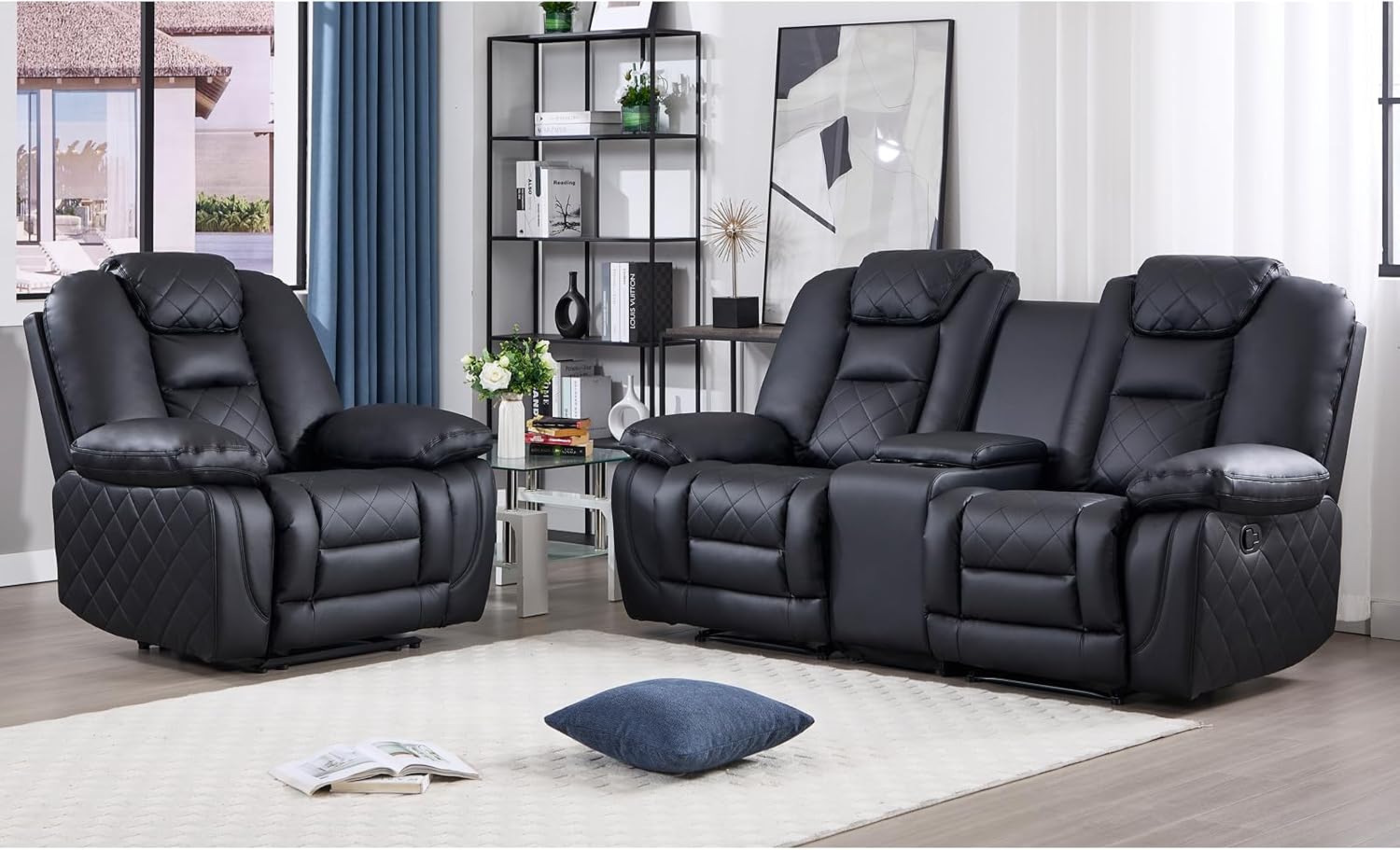 EBELLO Recliner Sofa Couch Set, Faux Leather Reclining Living Room Furniture Set, Includes Single Recliner Chair and Manual Loveseat Sofa with Center Console, Black