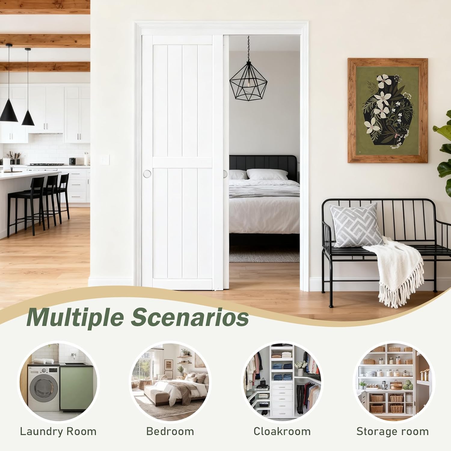 FREDBECK Sliding Closet Doors 64x80(Double 33inch),Bypass Barn Door with Hardware,for Bedroom,White,H Frame,Assemble Required