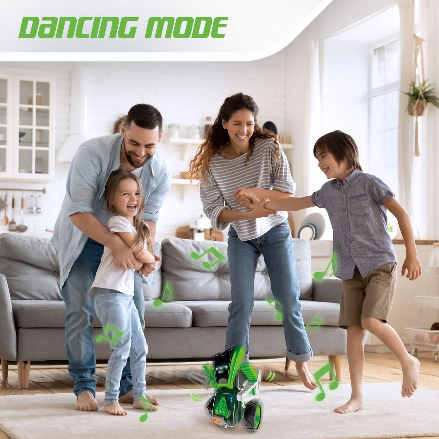 A family dancing around the Mazzy robot, which is in its dance mode, emitting musical notes