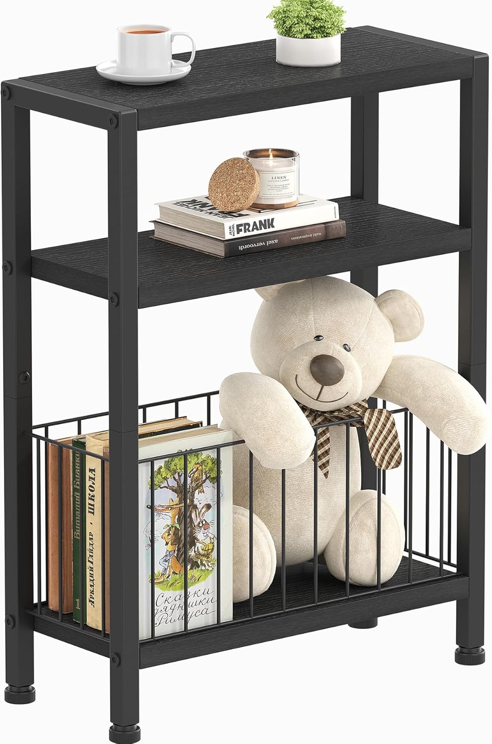 Heybly Small Narrow Side Table for Small Space, Thin Bedside Table with Storage Basket, Skinny End Table, Slim Nightstand, Couch Table for Living Room, Bedroom, Kitchen, Balcony, Black, HET007BK1