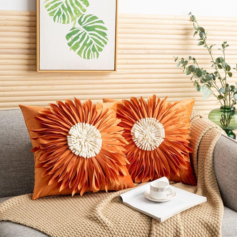 Archie & Pixie Set of 2 Sunflower 3D Pattern Faux Velvet Throw Pillow Cushion Covers 18" X 18" (Orange)