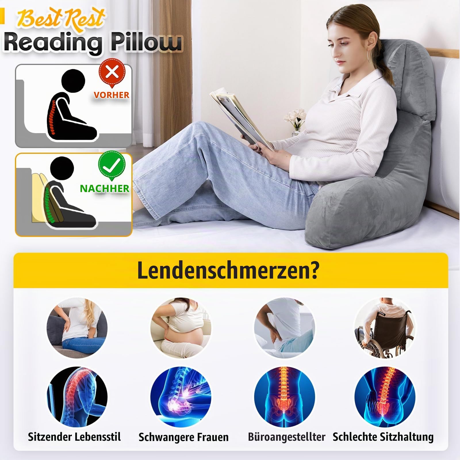 Lesekissen & Gaming-Kissen mit Rückenstütze - Nacken- und Lendenkissen für Bett, Sofa, Boden, mit Beinauflage