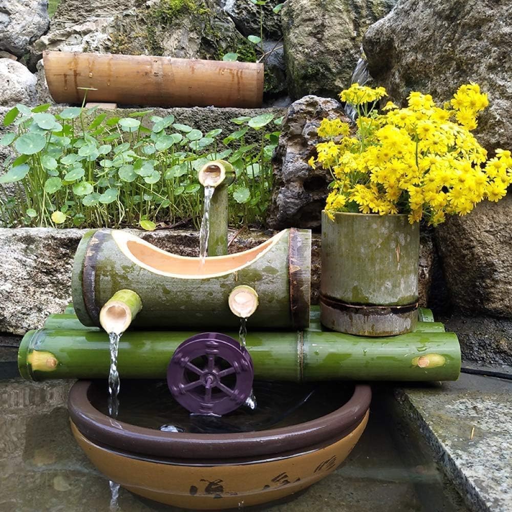 Bamboo Water Fountain with Water Pump, Water Feature Spout Indoor Outdoor Flowing Zen Garden Decoration, Lucky Wheel Sculptures/Statues,55cm Fountain (One Color 55cm)