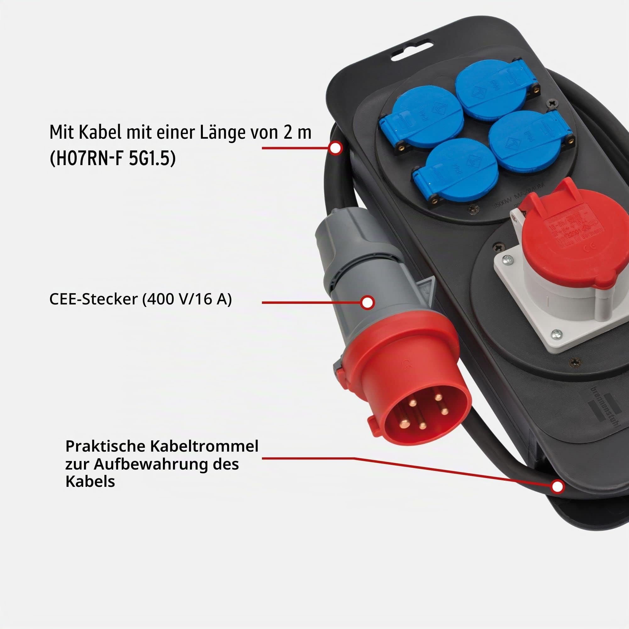 Brennenstuhl Stromstation CEE1 IP44 Stecker 400V/16A Steckdosen 1x CEE 400V/16A+4X 230V/16A, französisches Stecksystem