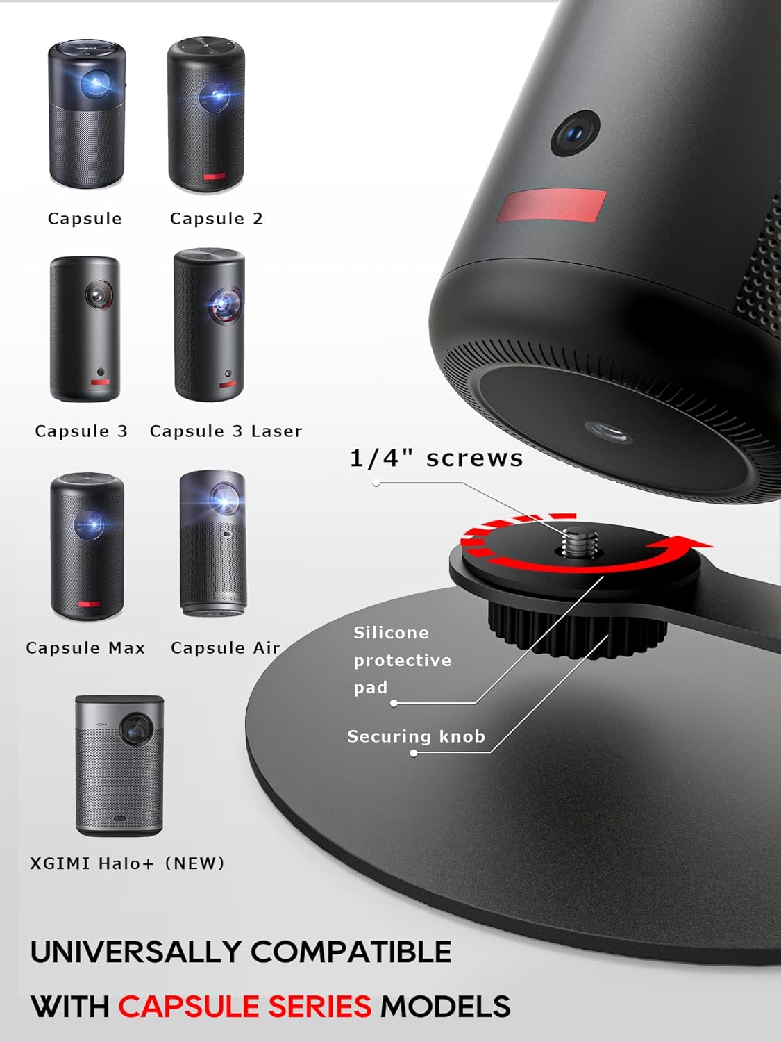Projector Stand for Nebula Capsule Series & XGIMI Halo+(New) Works with Capsule 3/Air/Pro, Mini Projectors | Ceiling & Wall Projection, Height Adjustable, 360° Rotation | 1/4-Inch Screw(A-Black)