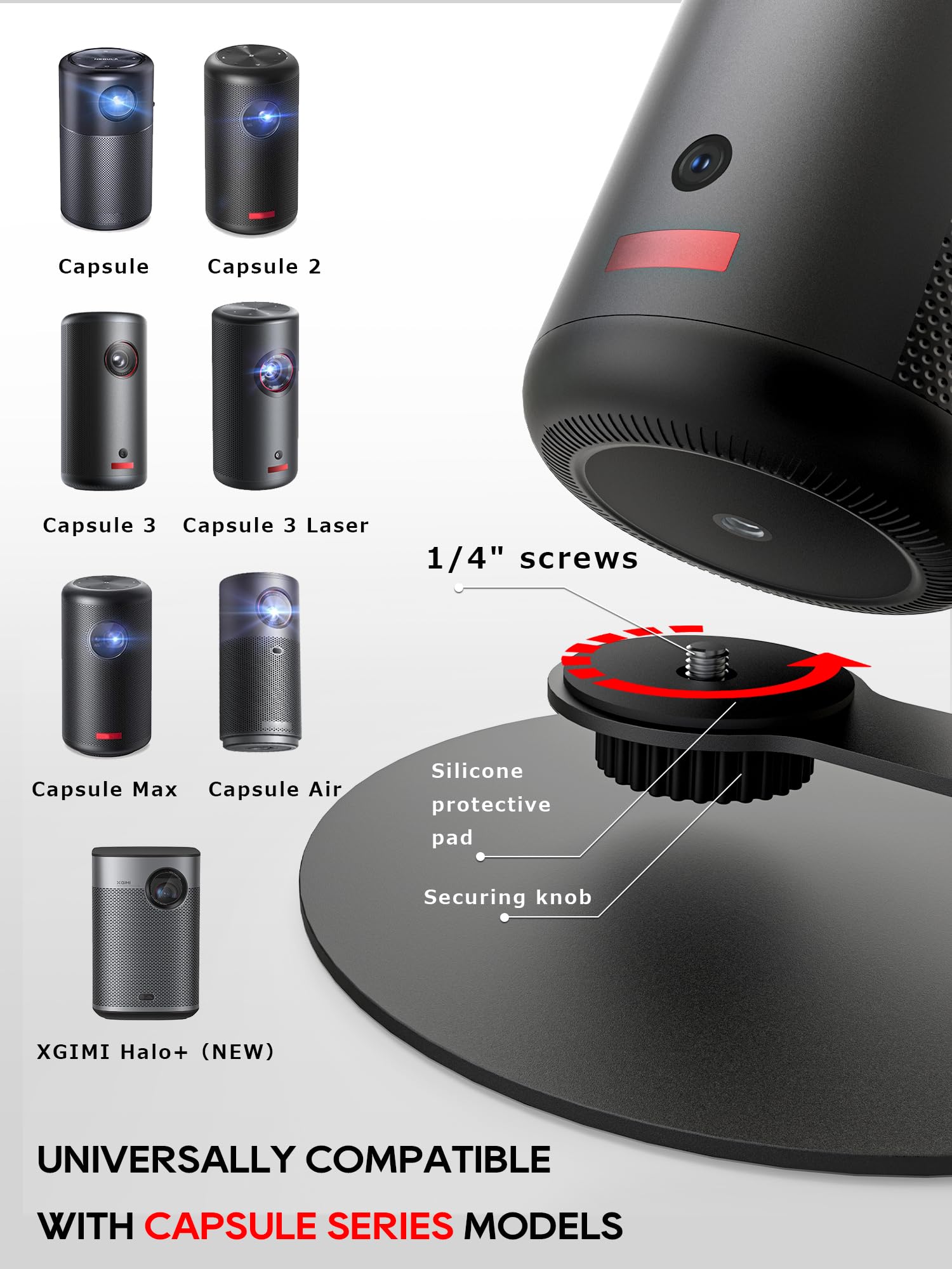 Supporto per proiettore compatibile con la serie Nebula Capsule (3/Air/Pro) e XGIMI Halo+, girevole a 360°, filettatura 1/4 di pollice - Nero