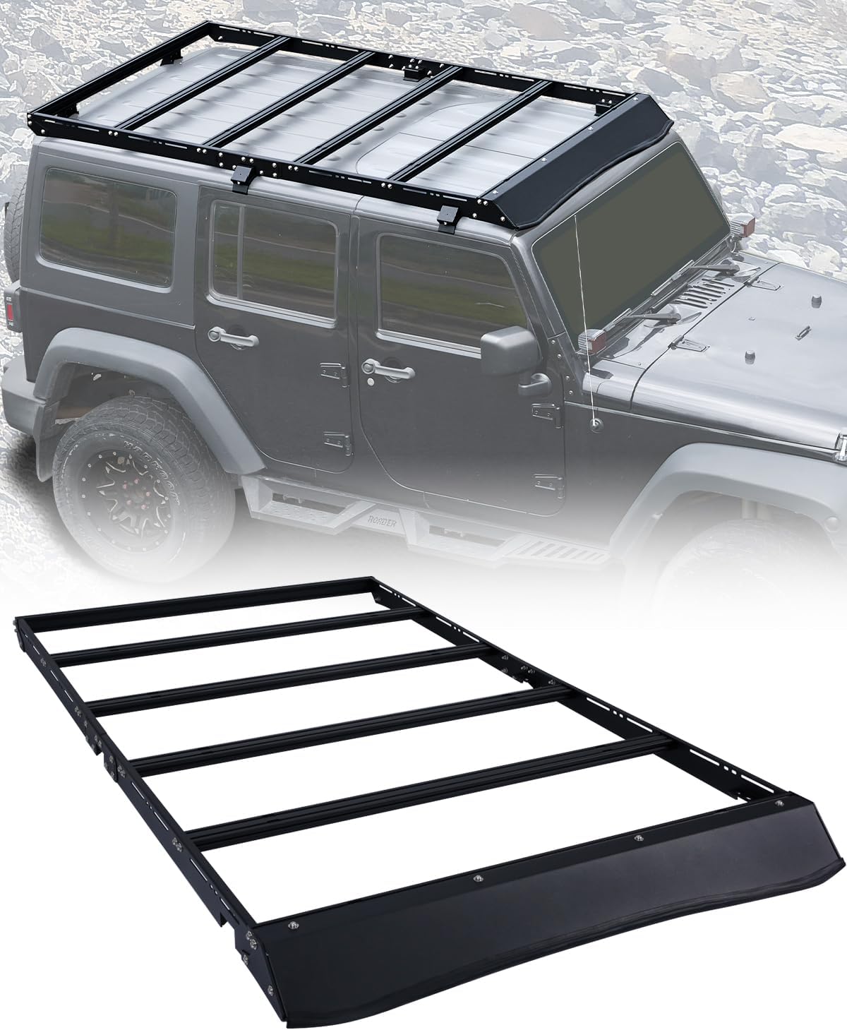 ROADER JL Roof Rack Rear Cargo Basket Fit for Jeep Wrangler JL 2018-2026 Hardtop 4 Door, Full-Length Roof Platform Aluminum Crossbars Overland Rooftop Storage Cargo Carrier