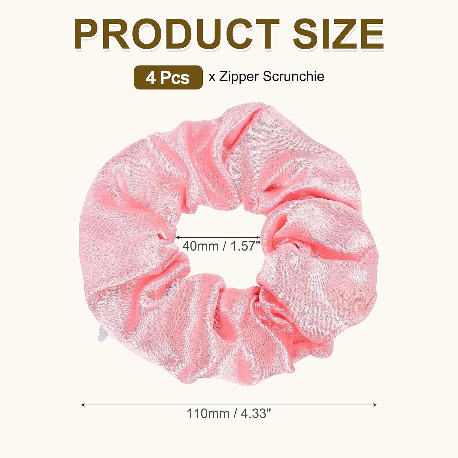 PATIKIL 4.33 Inch Zipper Scrunchie, 4 Pcs Silk Satin Hidden Pocket Scrunchie Elastic Hair Bands Soft Hair Ties Bracelet for Money Keys Hiding Women Thin Thick Hair Styling, Pink