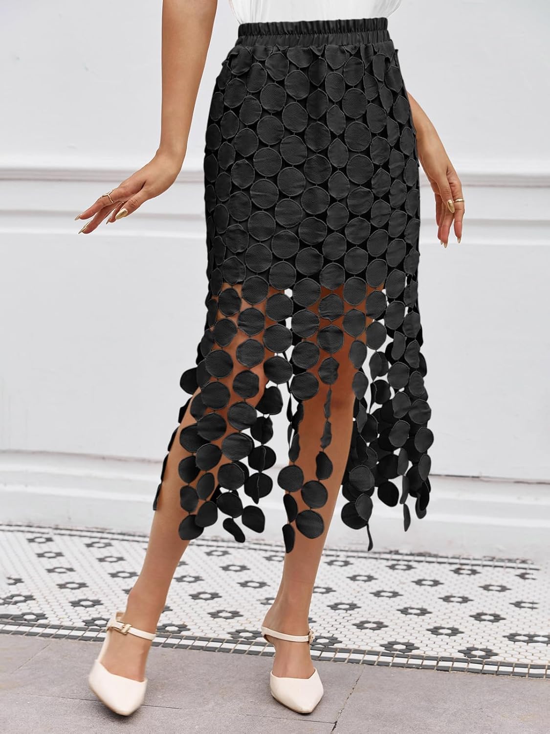 Cicy Bell Womens Hollow Out Maxi Skirts Summer High Waisted Boho Fringe Hem Skirt Beach Vacation Outfits - Image 2