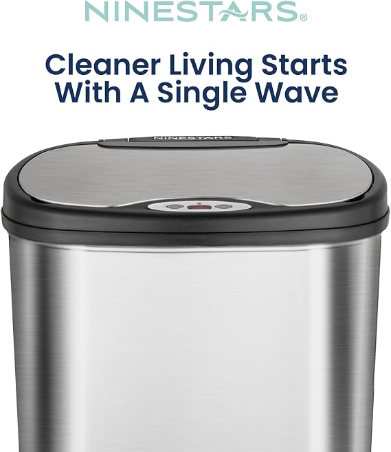 Ninestars 13 Gallon Oval Automatic Trash Can, 50L Touchless Motion Sensor Kitchen Garbage Can with Odor-Sealing Lid, Silver Stainless Steel