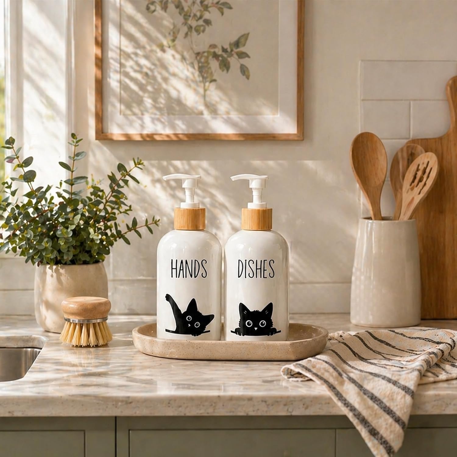 2 Pcs Black Cat Soap Dispenser 17 oz Plastic Hand Soap Bottle with Bamboo Pump Head for Bathroom or Kitchen Countertop Cat Lover Gift Idea