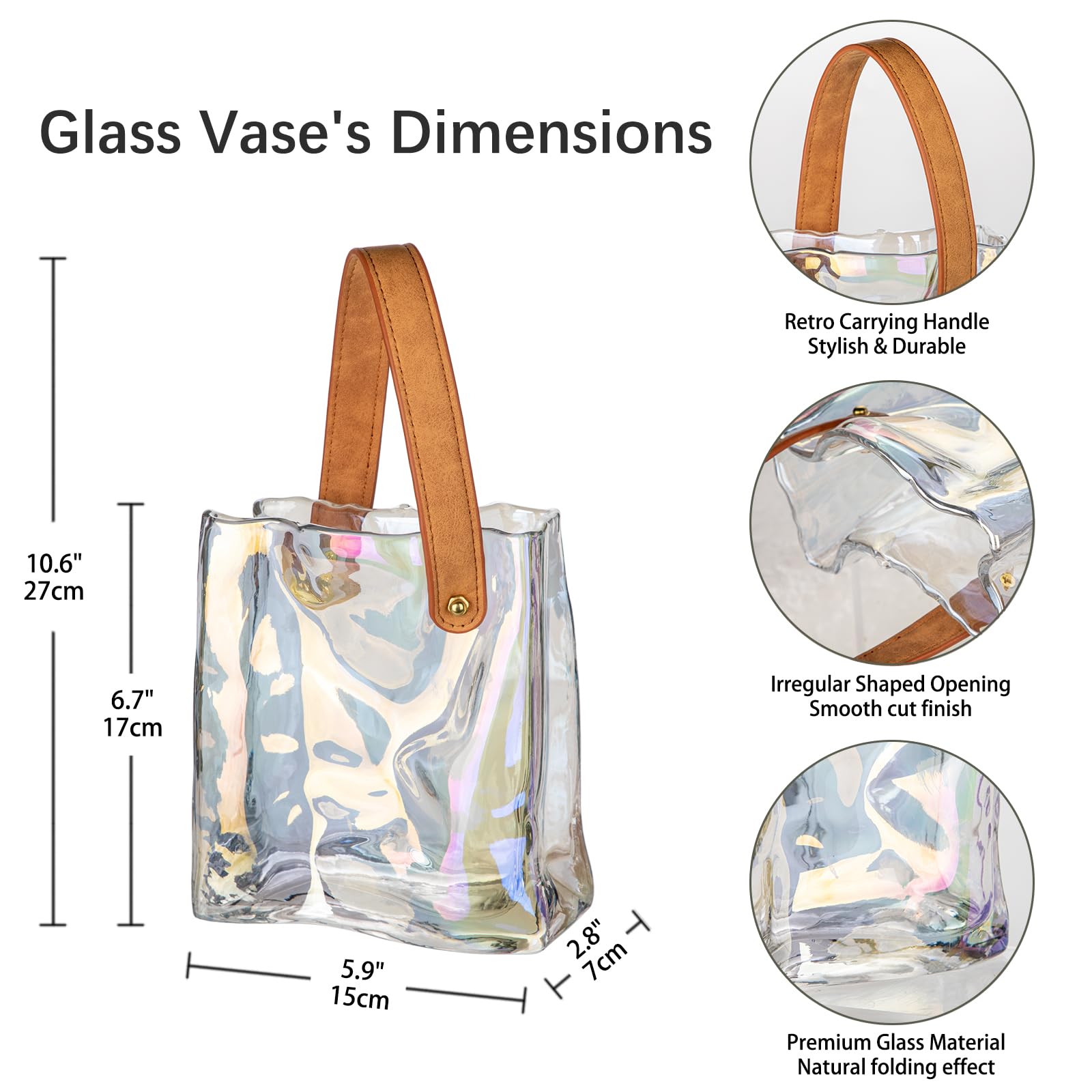 Hollyone 17cm Thickened Glass Vase for Flowers Iridescent Clear Flower Vase for Room Decor Aesthetic Unique Vases with Handle for Wedding Living Room - Image 3