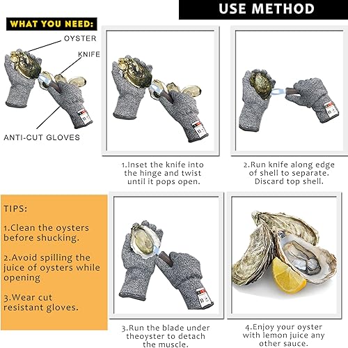 Miniatura 4 de Cuchillo de acero inoxidable con mango de madera, 2 pares de guantes resistentes a cortes de nivel 5, abridor de ostras para mariscos
