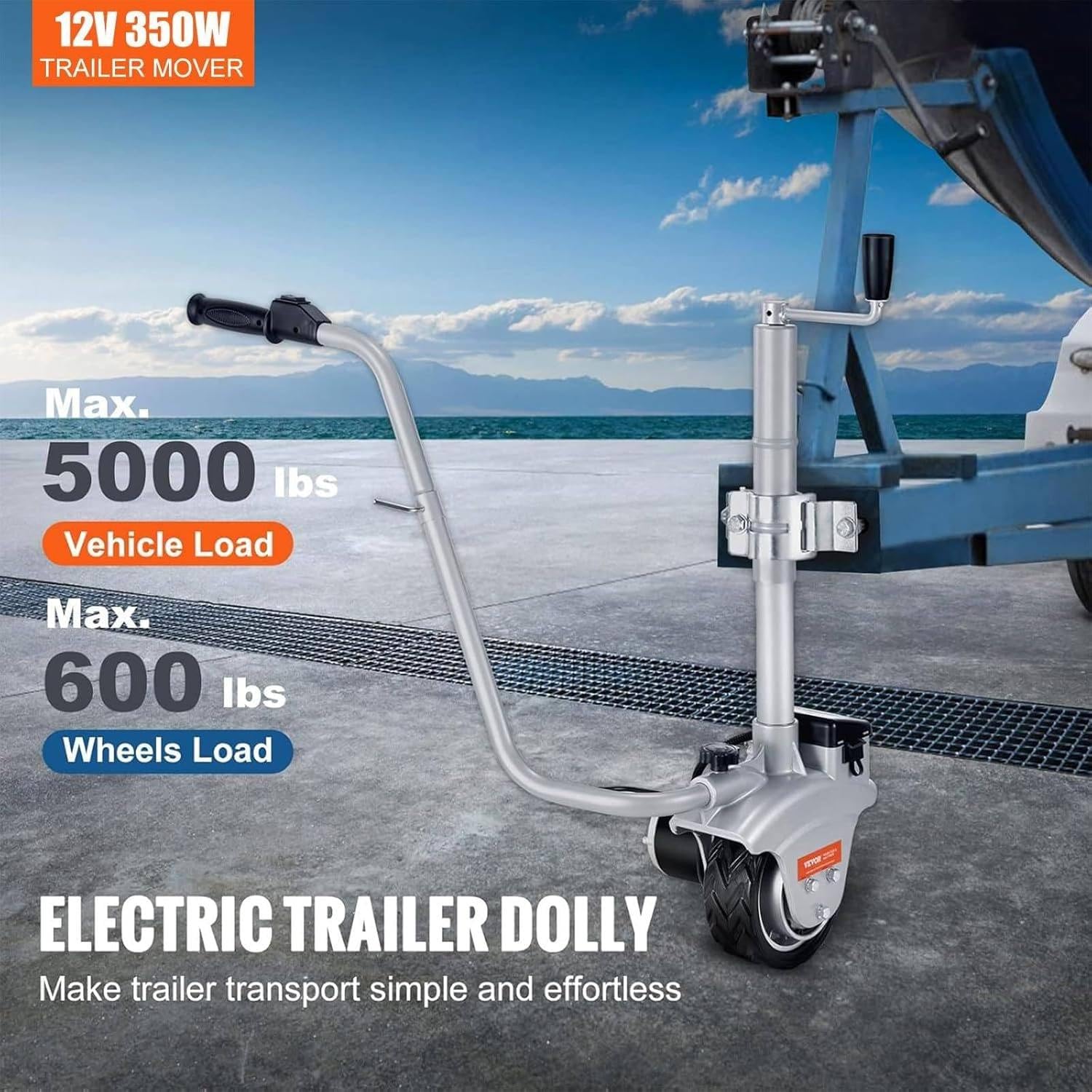 Elektryczny podnośnik przyczepy 12 V 350 W, uciąg 5000 funtów, prędkość jazdy 23 stopy/min, regulowana wysokość zacisku 12,6''-16,5'' i opona gumowa 7,5'', do holowania przyczep kempingowych, łodzi