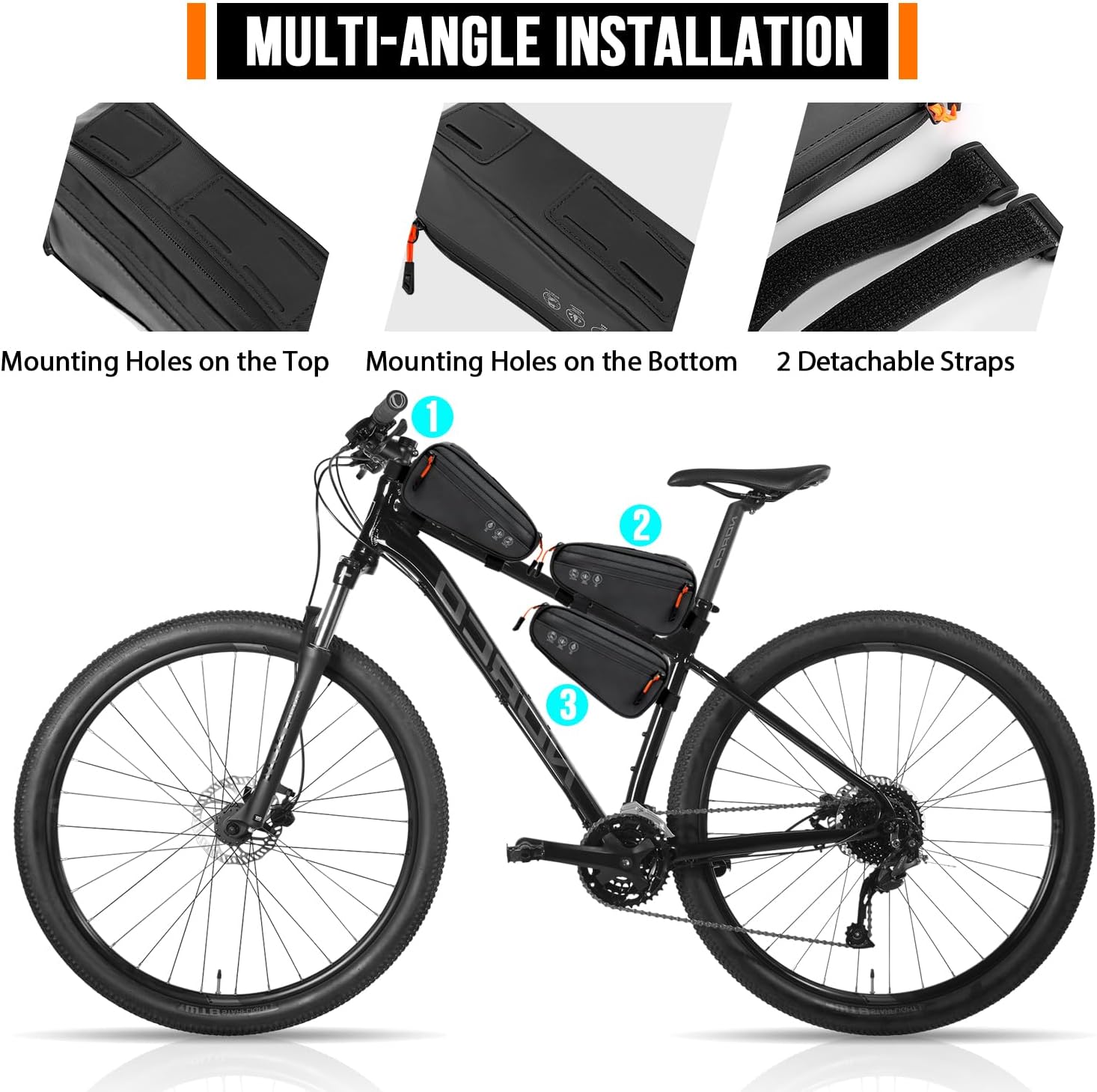 WOTOW Bike Frame Bag - 3 Ways Installation Water Resistant Reflective Bicycle Top Tube Bag with Two Side Pockets, Ebike Cycling Triangle Bag Pouch Accessories for MTB Road Travel (1.2L) - Image 2