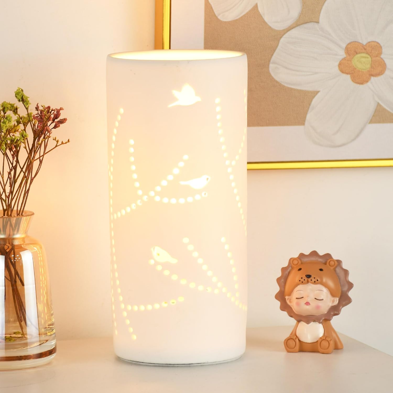 Lampwell Dana Small Modern Ceramic Table Lamp, White, 3.54H7.87IN, Bulb Excluded, Carving Tree