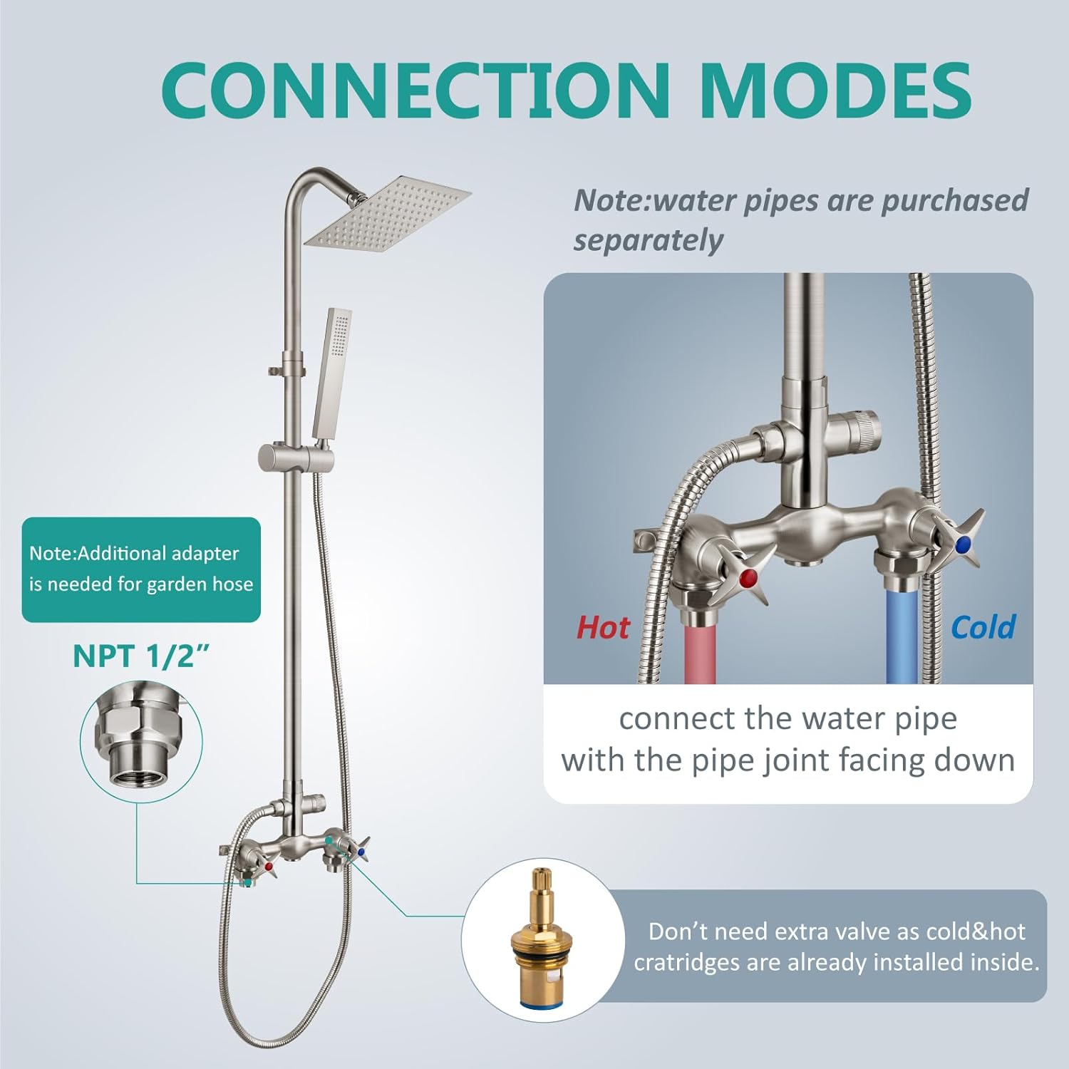 Aolemi Wall Mount Outdoor Shower Kit,Outdoor Shower Fixtures Faucet System with Handheld Spray,Double Handle 6 Inch Center Exposed Shower,with 6" Shower Head Brushed Nickel