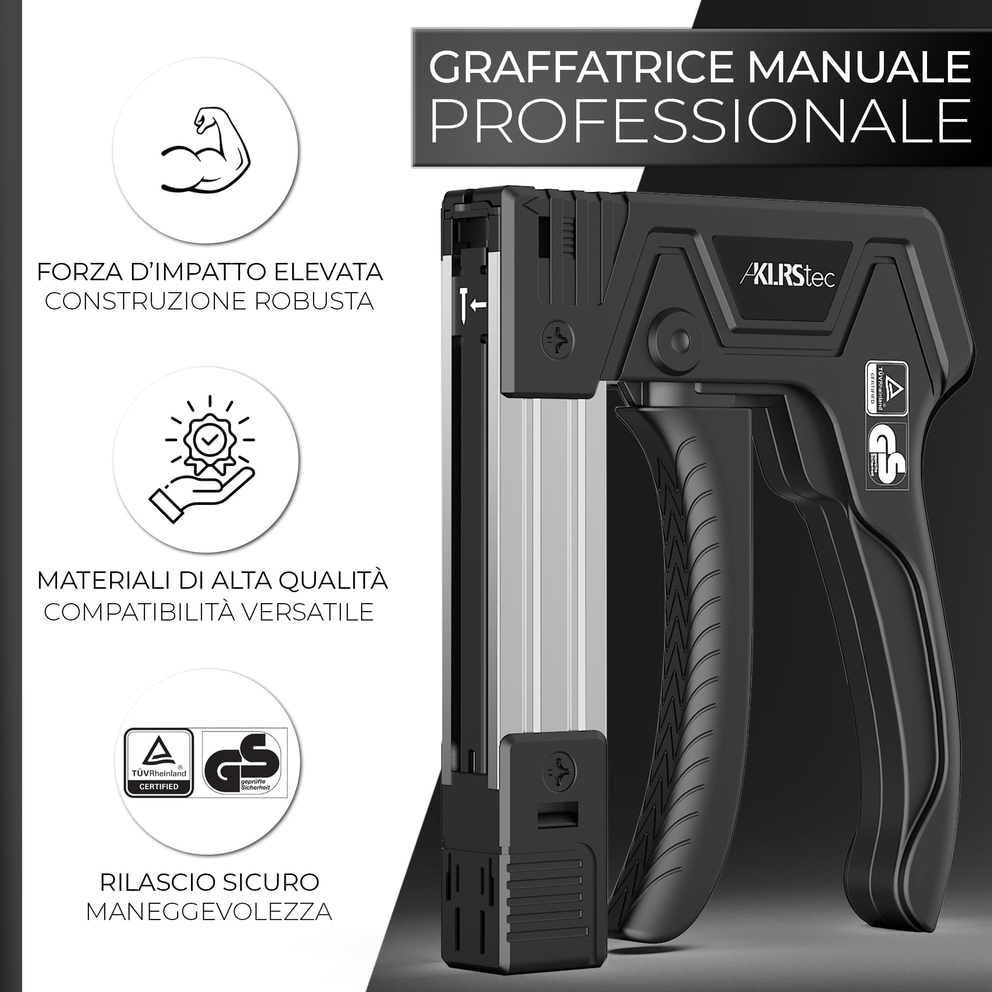 KLRStec TackPro Cucitrice Manuale – Pistola Sparapunti a Trazione – Sparapunti per Legno e Tessuti – Set con 2000 Punti Tipo D & T – Ergonomica, Potente e Resistente