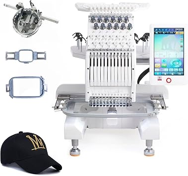 12-Needle Embroidery Machine with 10" Touchscreen, 1000SPM Speed, 500 Built-in Designs, USB Import, Auto Thread Trim/Color Change, Complete Starter Kit with Hat Hoop & 8x12 Hoop,WhiteA