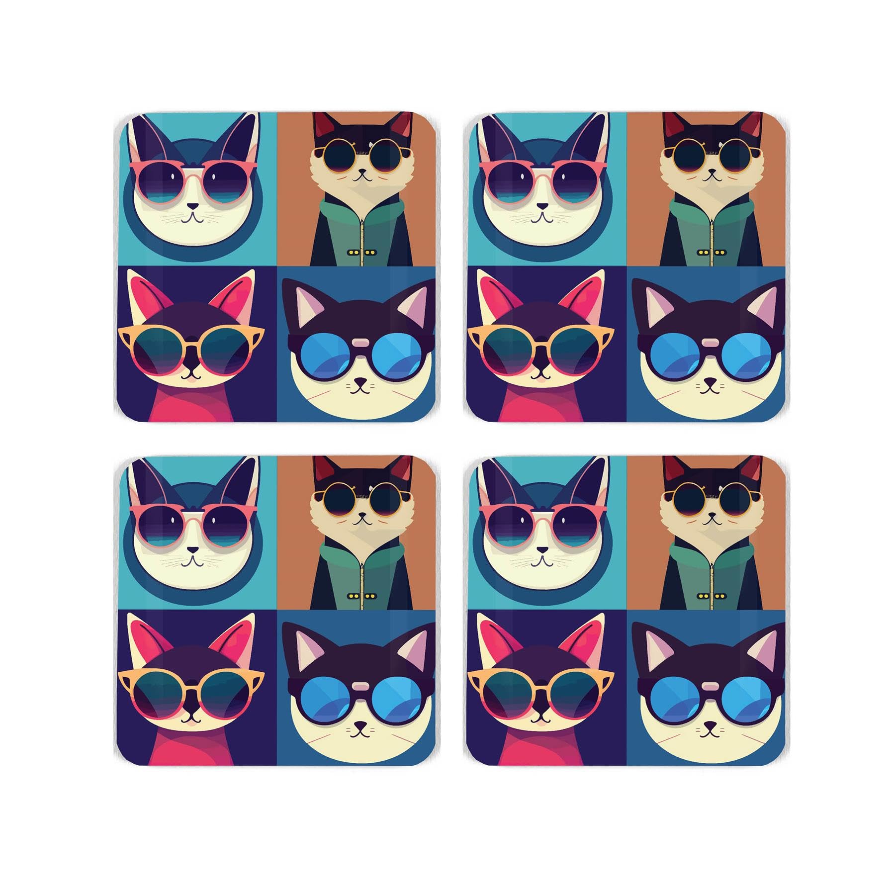 Purely Home Multicolor Cat Cork Coaster Set - Cool Pets Cat Gift - Set Of Four (4) Square Drinks Coasters