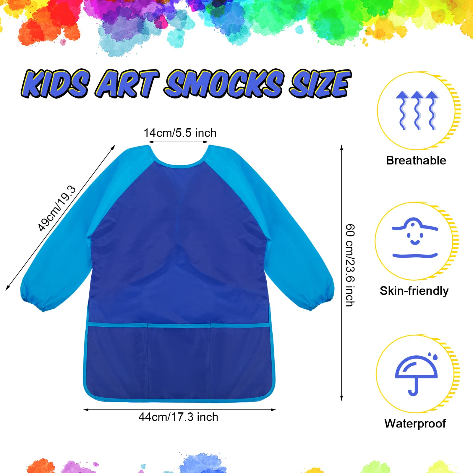 Yahenda 18 Stück Kinder Kunstkittel Wasserdicht Malerei Kunst Kittel für Kinder mit langen Ärmeln 3 Taschen Kleinkind Schürze für 2–8 Jahre, Rosenrot, Dunkelblau, Gelb, 23.6 x 17.3 inches
