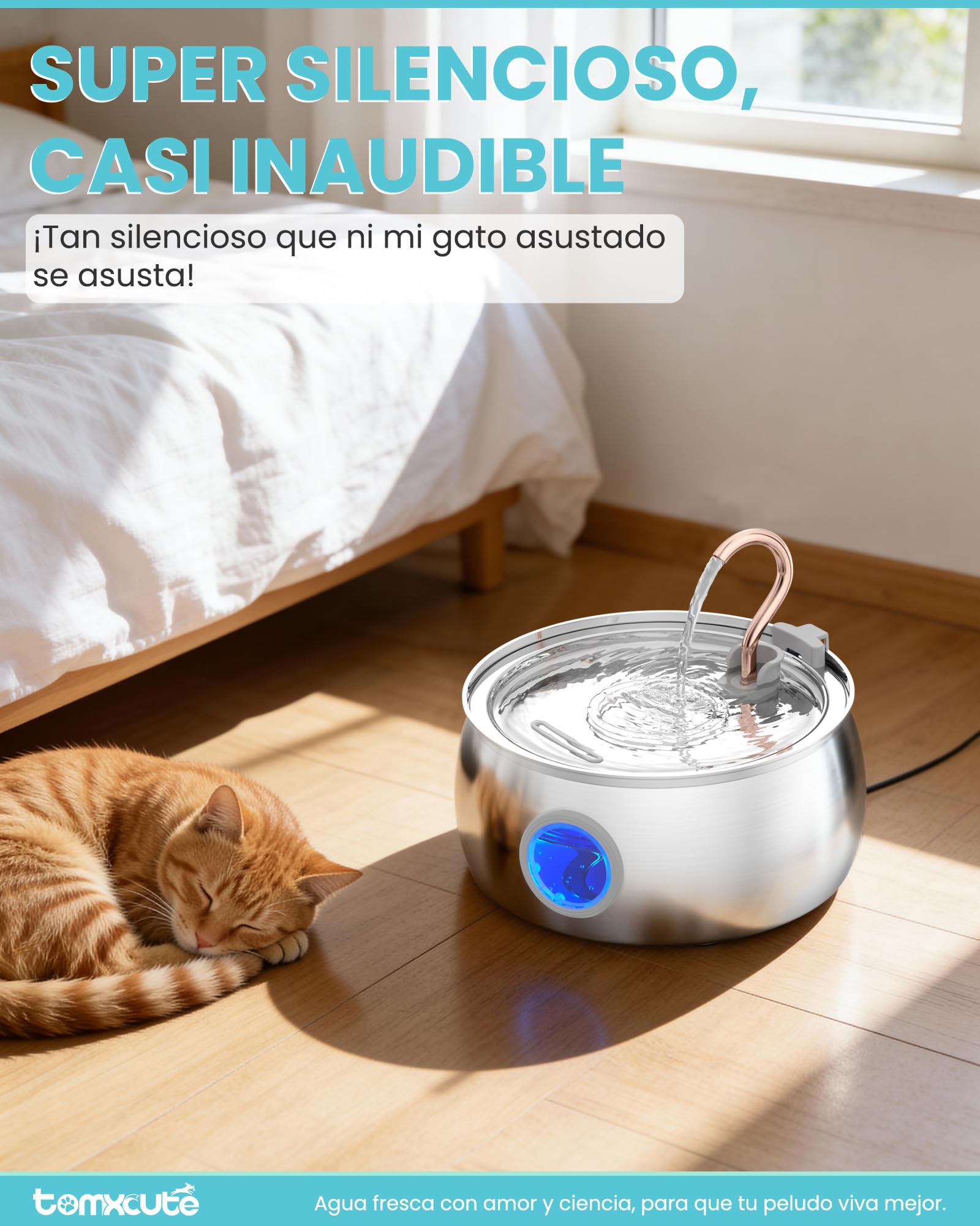 TOMXCUTE Fuente Gatos 4L con Nivel Visible para Varias Mascotas | Bomba silenciosa con cuello de cisne y 3 filtros para agua limpia y fresca cada día