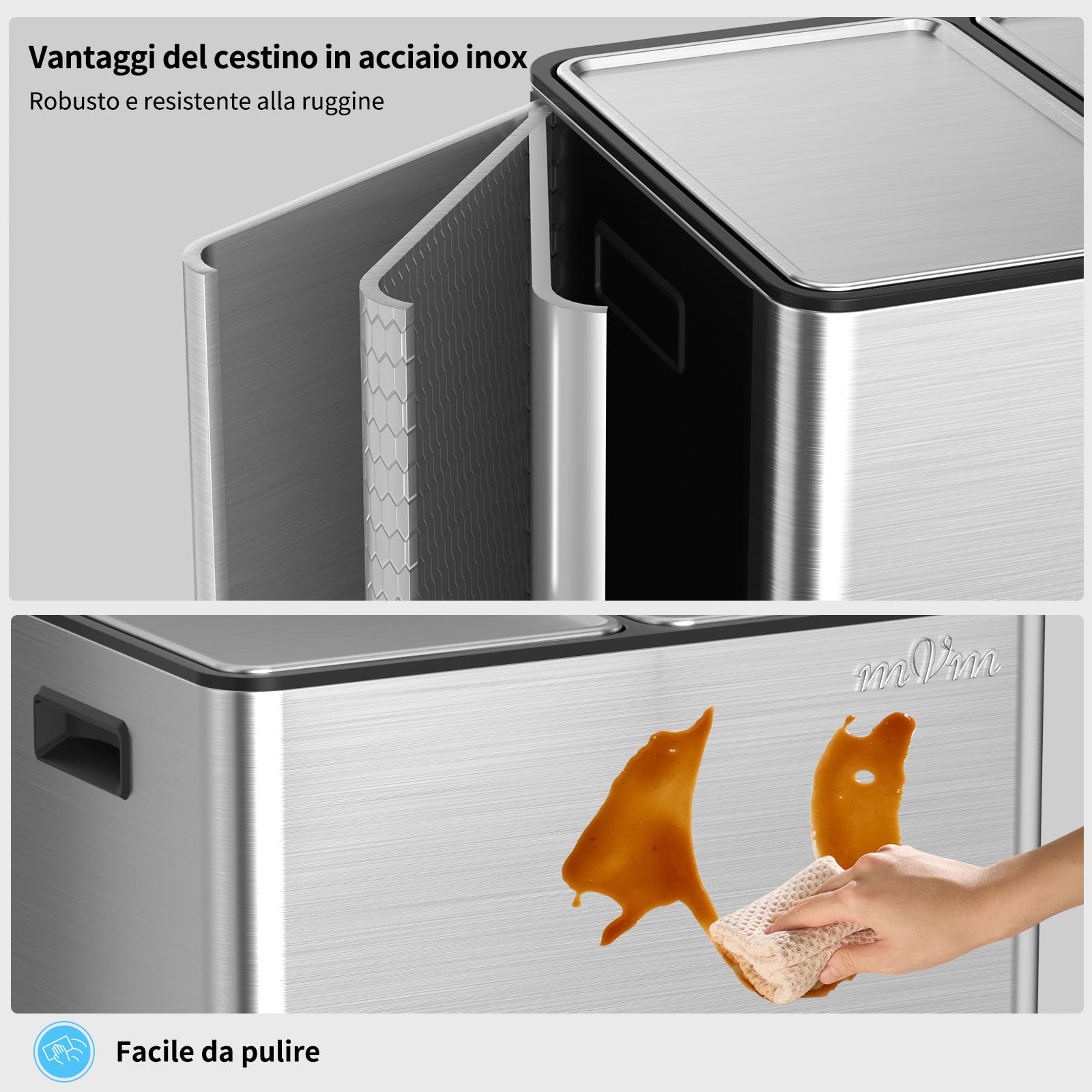 mVm Pattumiera Cucina, Pattumiera Differenziata 3 Scomparti, 3 x 15L, 3 Scomparti per Riciclaggio, in Acciaio Inossidabile, Secchi Interni Rimovibili, per Cucina, Ufficio, Argento