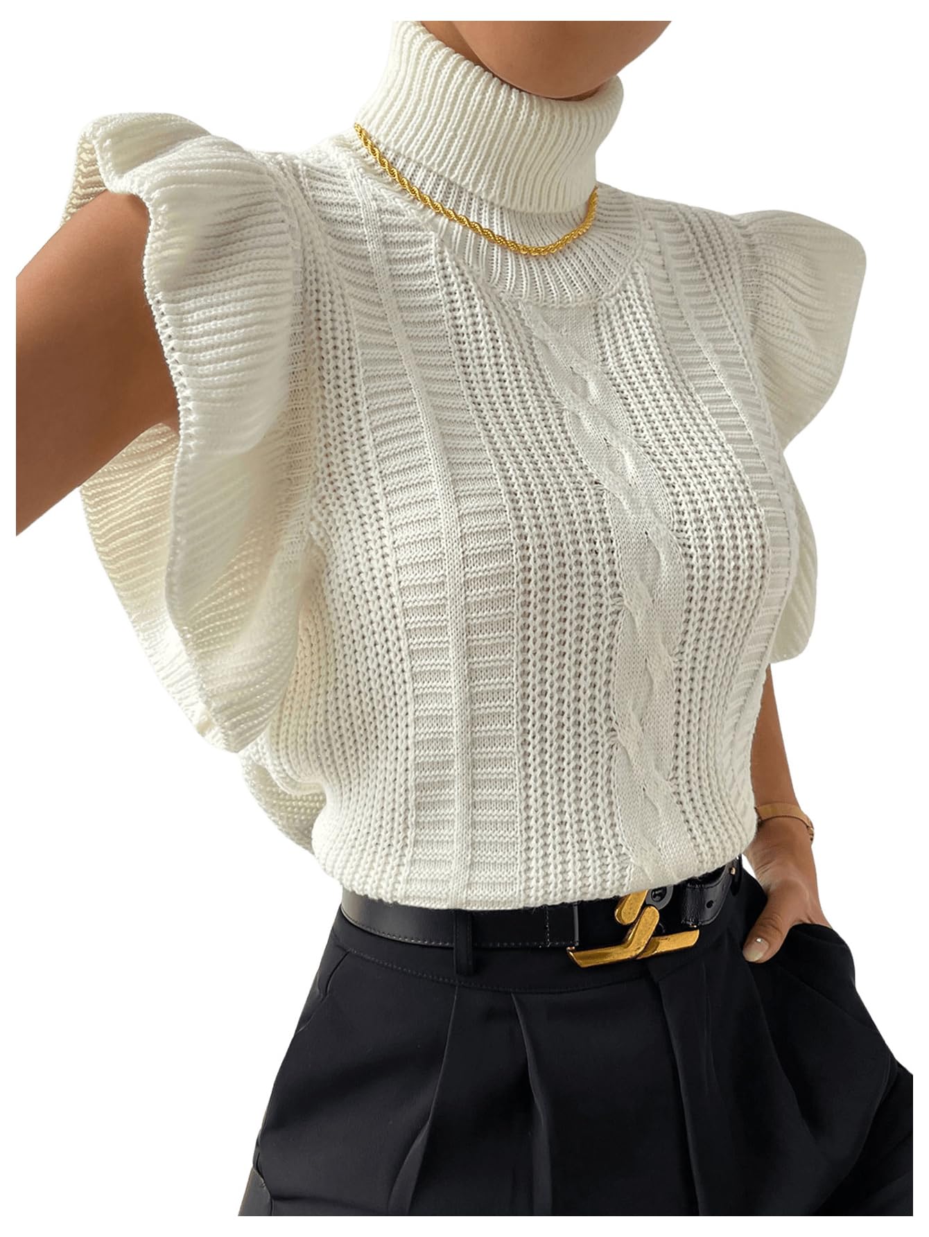 Floerns Womens Ruffle Trim Cable Knit Sweater Vest Turtleneck Sleeveless Tank Tops
