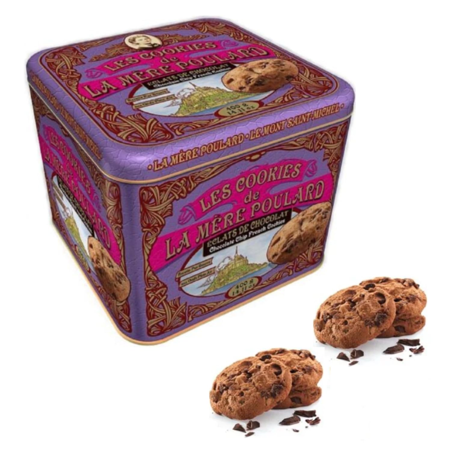 La Mère Poulard® | Biscotti Burro Salato Cioccolato | Lattina Biscotti Francesi Burro | Frollini Burro Scaglie Cioccolato - 400 Gr | Latta Regalo Biscotti Decori Viola