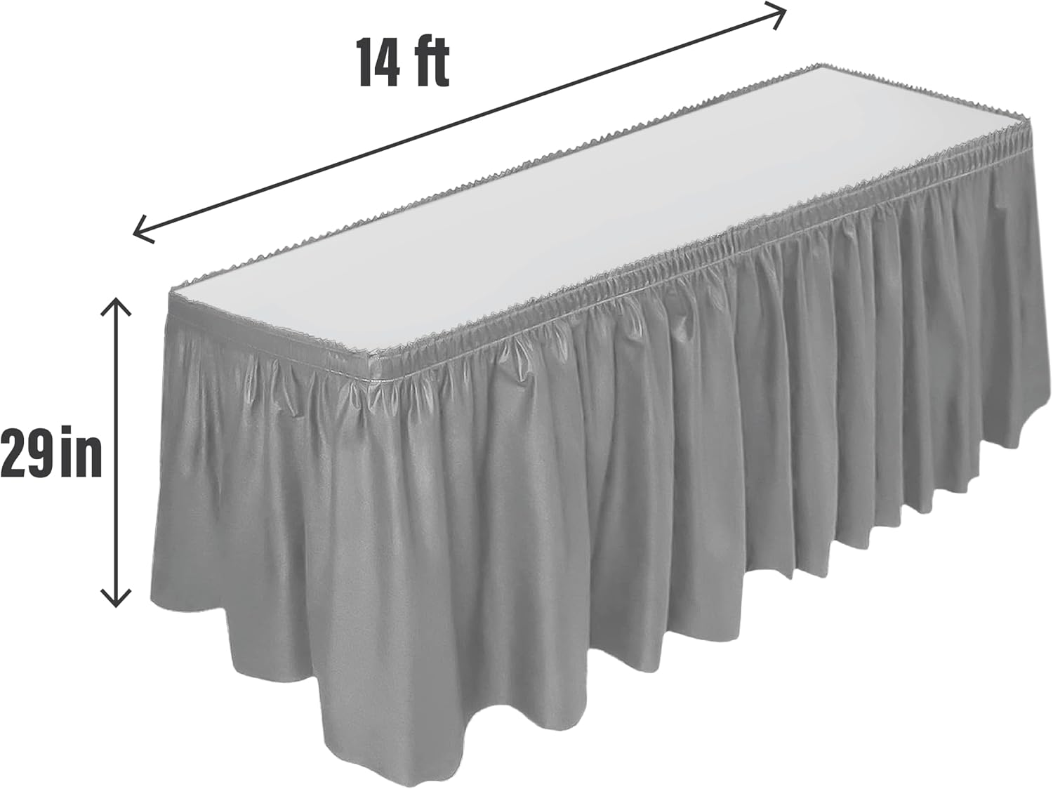 DecorRack 6 Pack Table Skirts, 29 in x 14 ft Each, Multi Pack -BPA Free- Plastic Tableskirt, Disposable, Reusable, Rectangular Tablecloth Skirt, Silver (6 Pack)