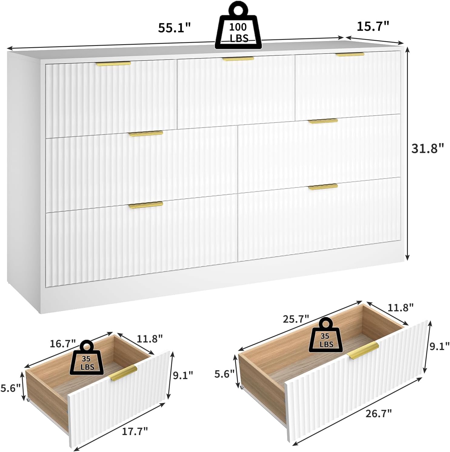 Detailed dimensions of the 7-drawer dresser, including overall size and individual drawer sizes
