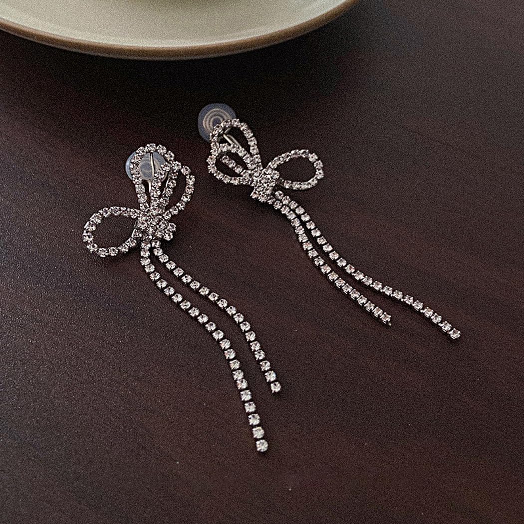 Long Rhinestone Bow Tassel Earrings for Women Sparkling Crystal Ribbon Bowknot Linear Dangle Earrings Minimalist Bow Dangling Earrings Prom Jewelry - Image 7
