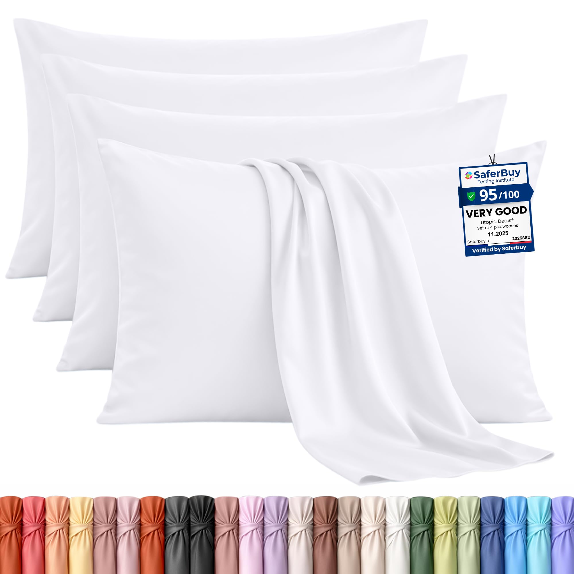 Utopia Bedding - 4 Pack Pillow Cases - OEKO-TEX - King Size 50x90 cm - 100% Brushed Microfiber Pillowcases with Envelope Closure, pillows not included - Wrinkle, Fade, & Stain Resistant - White