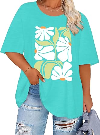 HDLTE Plus Size Tops Oversized Tshirts for Women Round Neck Short Sleeve Graphic Tees Summer Casual Basic Loose Blouse 2026