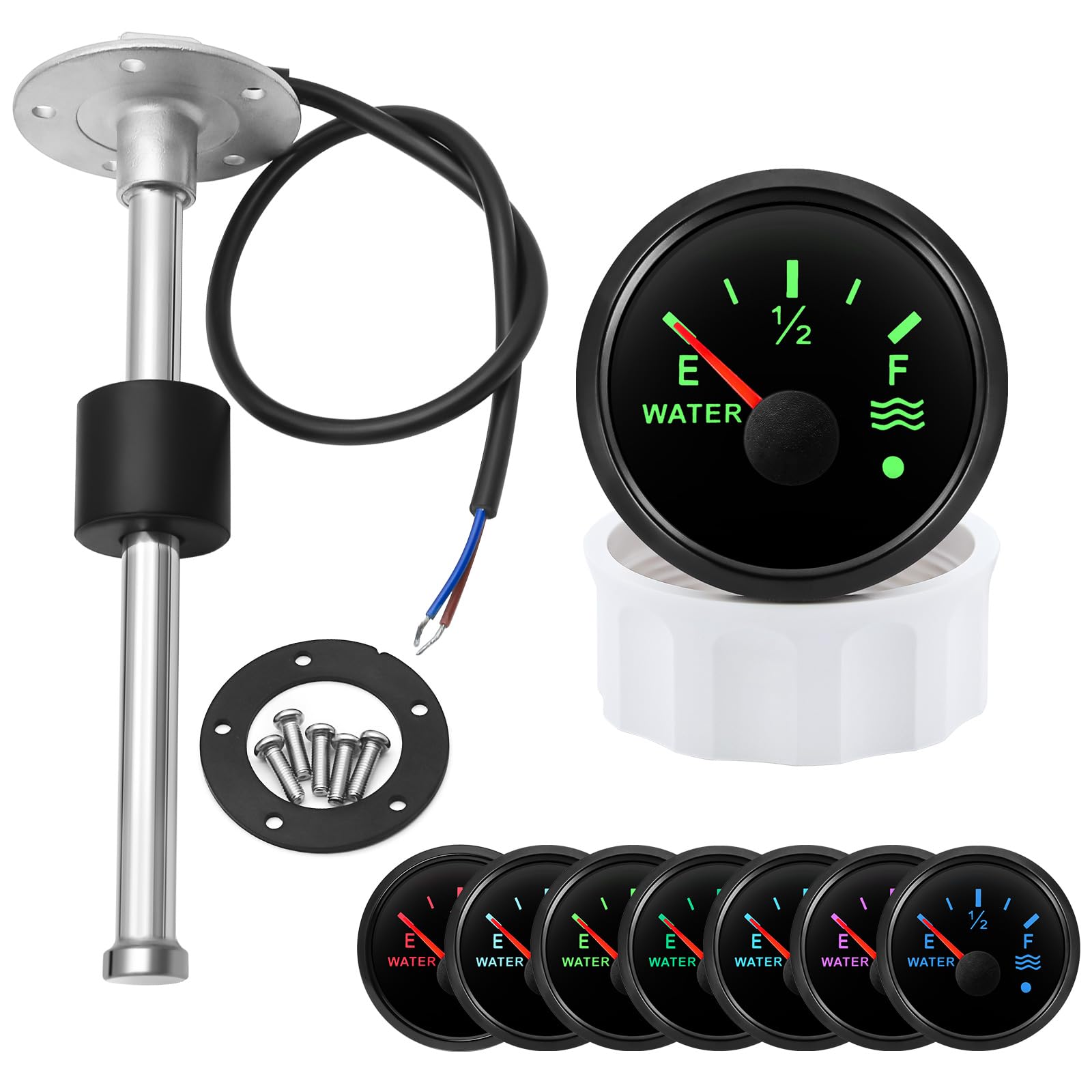 52mm Marine Fuel Level Tank Gauge Kit - with 150mm Fuel Water level Sensor, 0-190 Ohm, 7-Color LED Backlight, 12V/24V for Boat, Sailboat, RV, Car, Camper