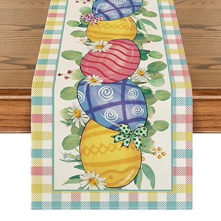 Artoid Mode Buffalo Plaid Daisy Egg Easter Table Runner, Seasonal Kitchen Dining Table Decoration for Indoor Home Party 13x72 Inch